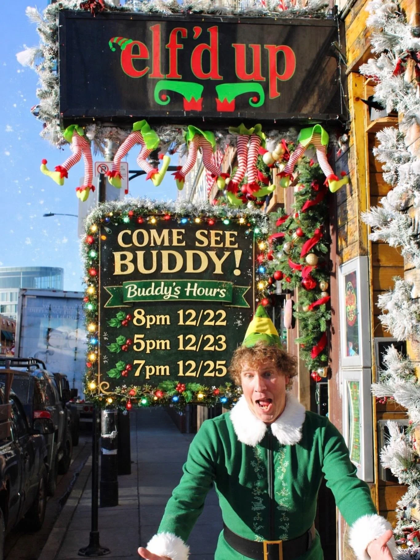 Does someone need a hug? COME SEE BUDDY THIS WEEK! 🎄✨🎅 He&rsquo;s spreading Christmas cheer and ready for photos, laughs, and all the holiday vibes at Elf&rsquo;d Up!

🧝&zwj;♂️ Buddy&rsquo;s Hours:
&bull; 12/22 &ndash; here around 8PM
&bull; 12/23