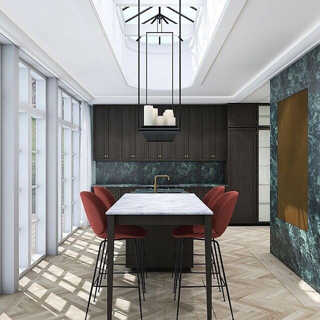 3D render of a private home and kitchen project. This one-of-a-kind kitchen fulfilled all the criteria of the client, and more. To create this space, we had to build an extension and a special skylight. To help the client visualize our plans, we show