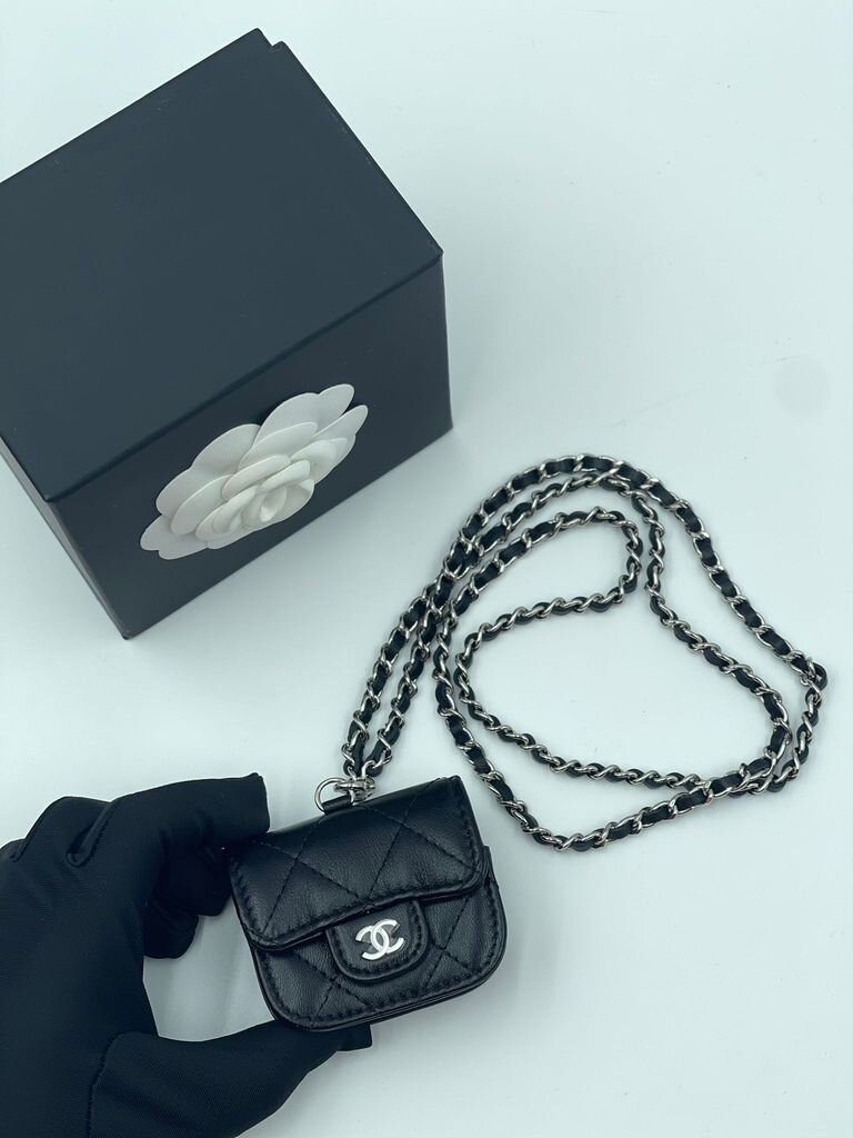 Chanel Caviar Quilted Crystal CC Airpods Pro and Phone Case With Chain  Black  STYLISHTOP