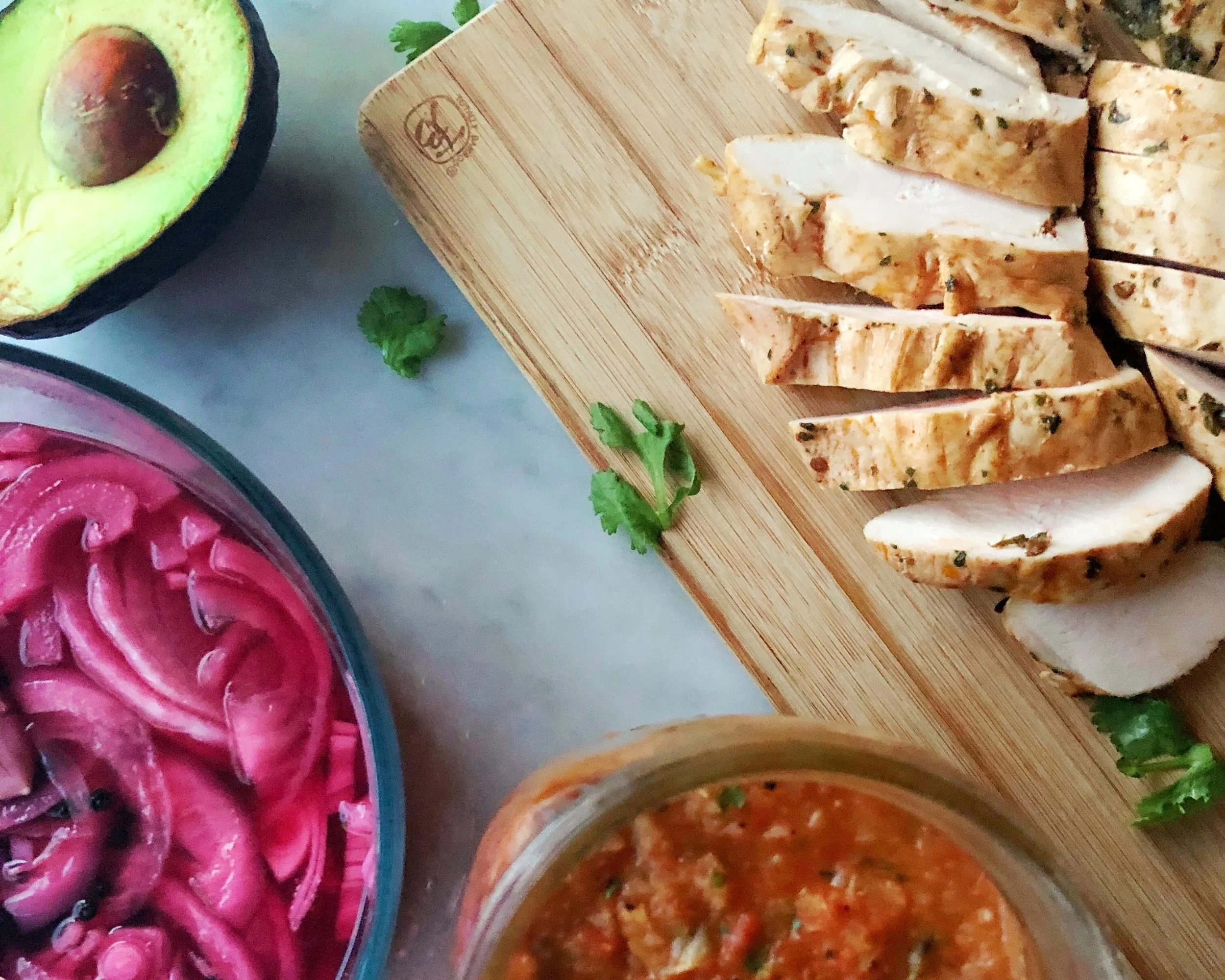 Taco Bar: Chipotle Lime Chicken, Easy Homemade Roasted Salsa, Pickled Onions and Simple Guac