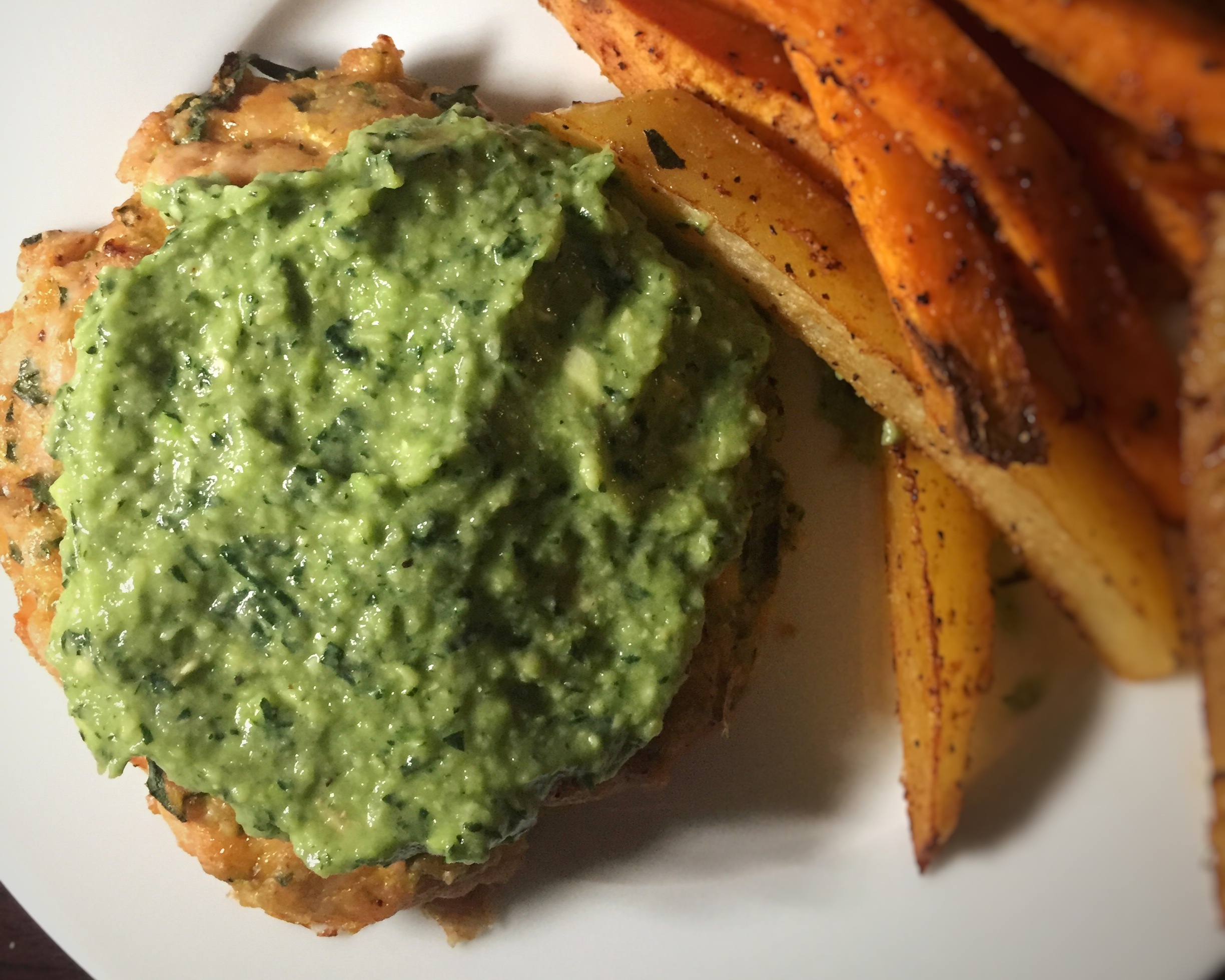 Chicken Burgers with Avocado Zucchini Lemony Kale Sauce