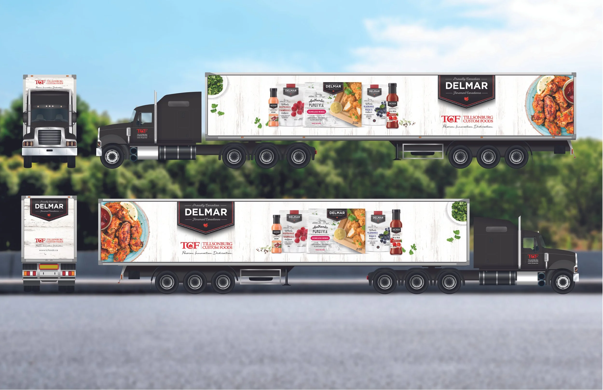 Two semi-trucks with advertising for Delmar brand food products, featuring images of chicken wings, sauces, and herbs, driving on a highway with trees in the background.