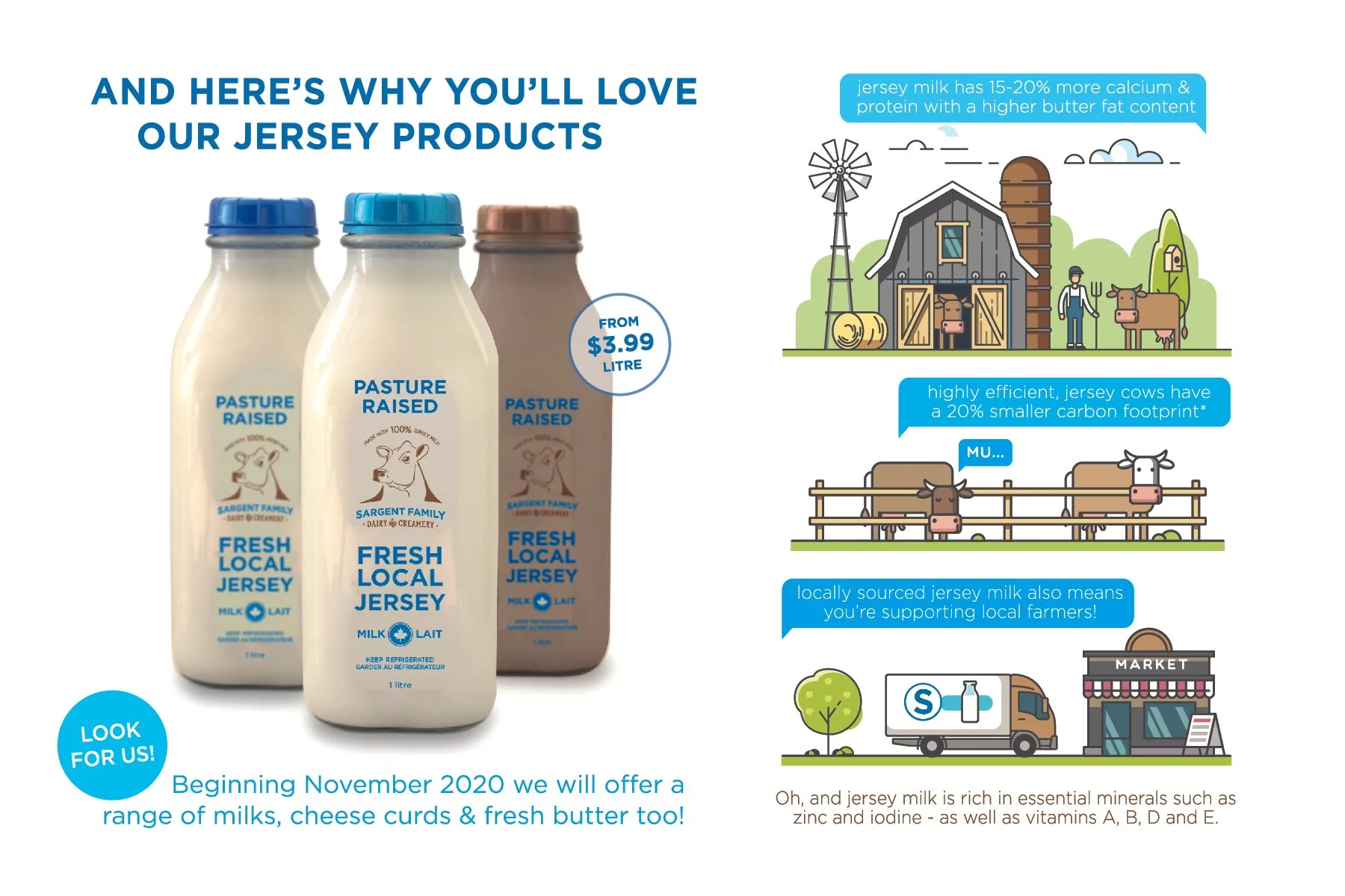 Three bottles of Jersey milk with labels indicating they are from Jersey's local dairy, priced from $3.99 per liter. The bottles are lined up, with the left bottle in transparent plastic with a blue cap, the middle in a similar transparent bottle with a blue cap, and the right in a brown bottle with a brown cap.
