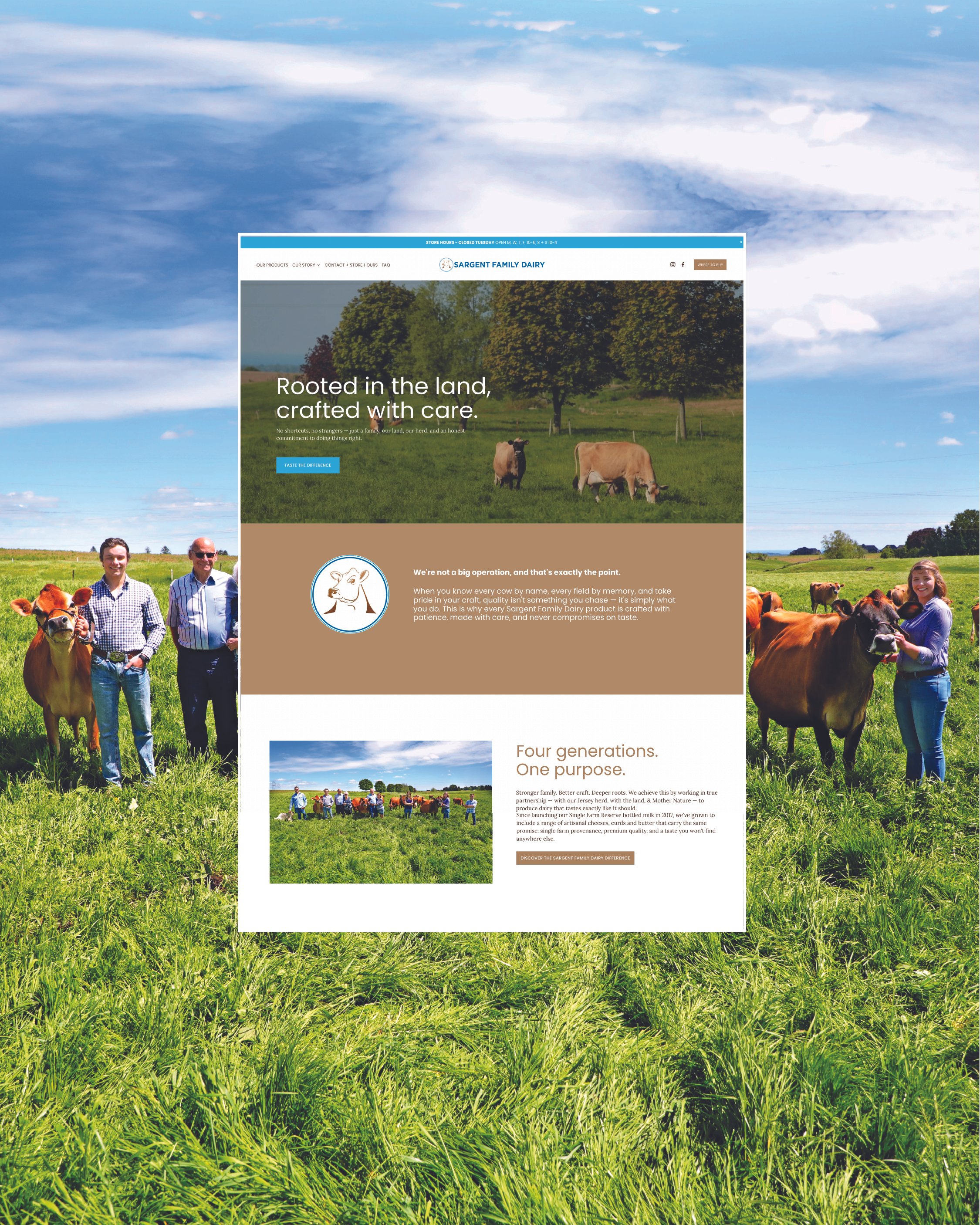 Screenshot of a dairy farm website with a header, a photo of cows in a pasture, and children standing among cows.