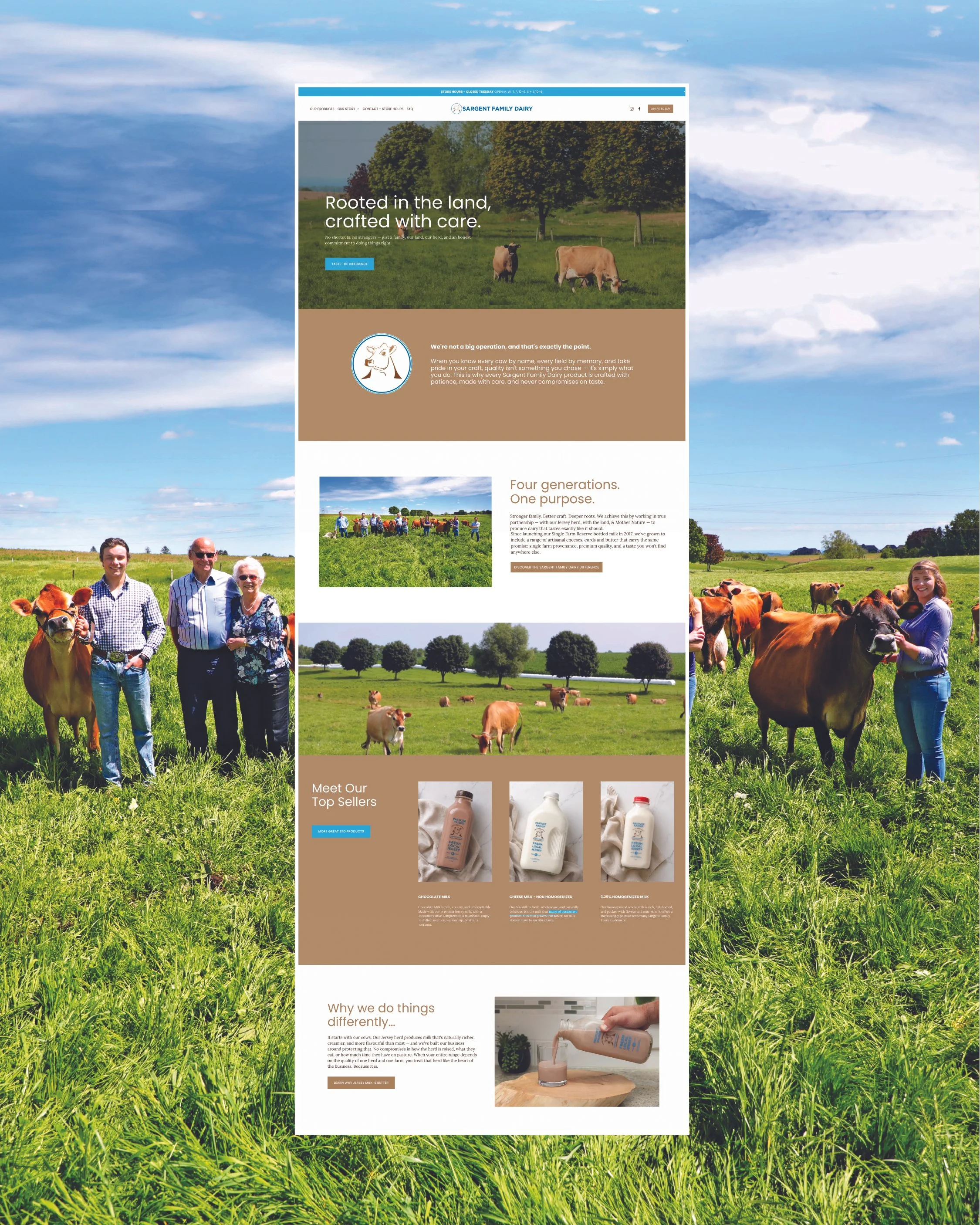 Screenshot of a dairy farm website with a large green field, cows grazing, and people standing in front of cows. The website features information about a family dairy farm, products like milk, and the farm's commitment to quality and care.