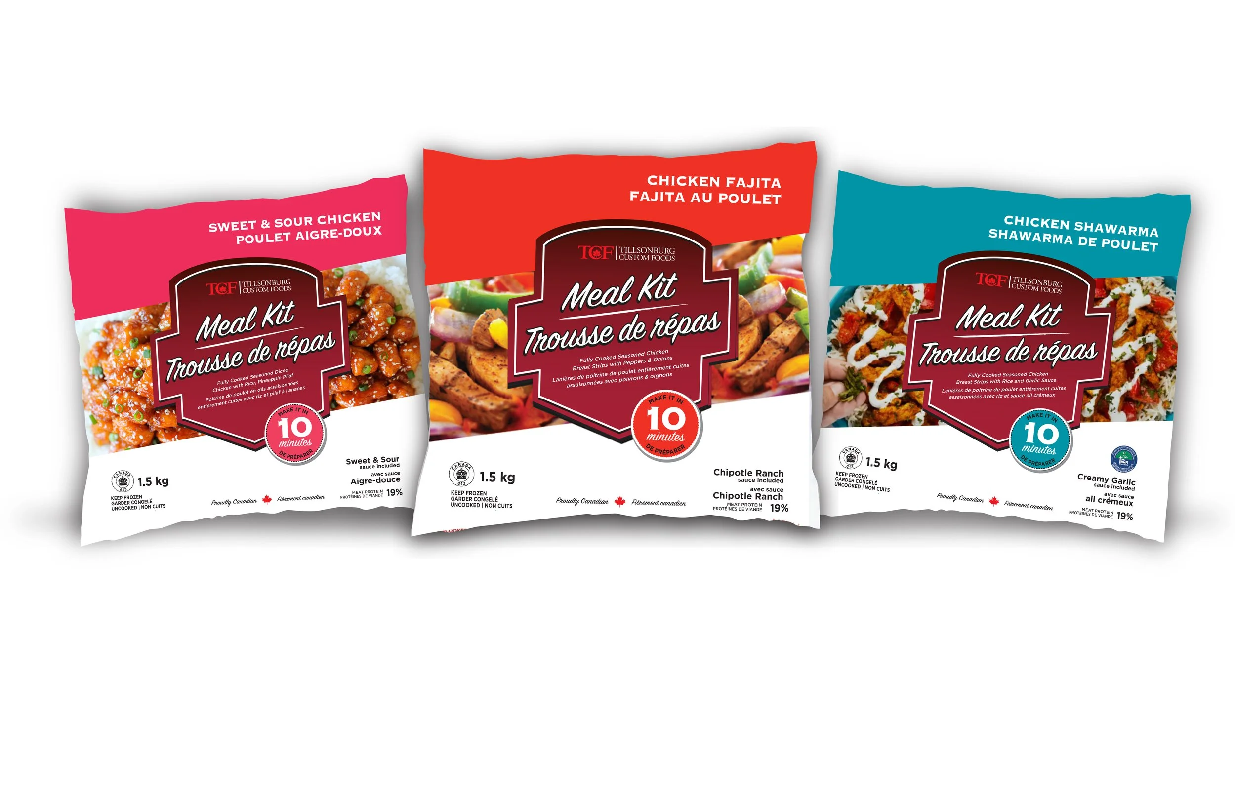 Three frozen meal kits with different flavors: Sweet & Sour Chicken on the left, Chicken Fajita in the middle, and Chicken Shawarma on the right, each labeled with 10-minute cook time, weight 1.5 kg, and Canadian origin.