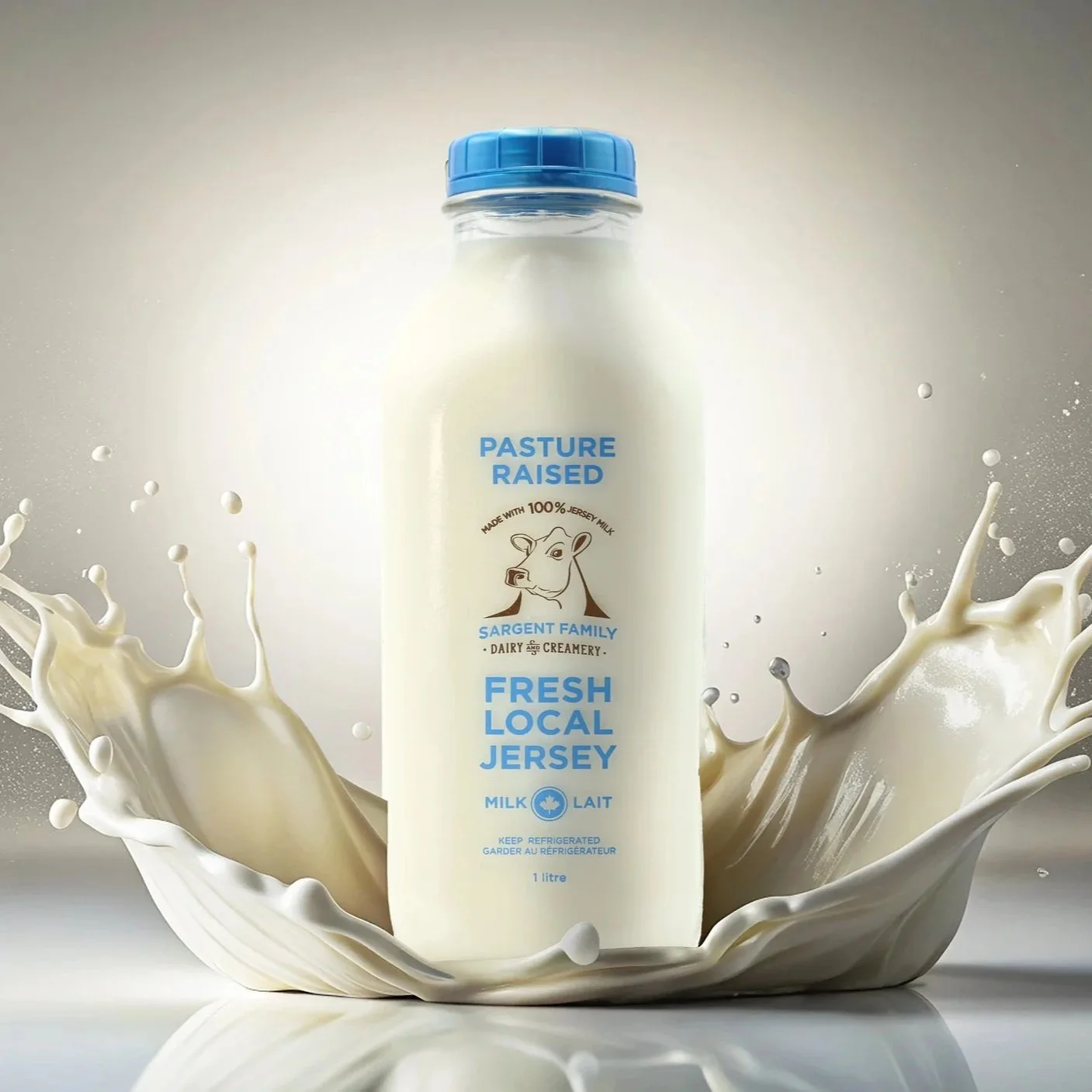 A bottle of fresh local Jersey milk with a splash of milk around it.
