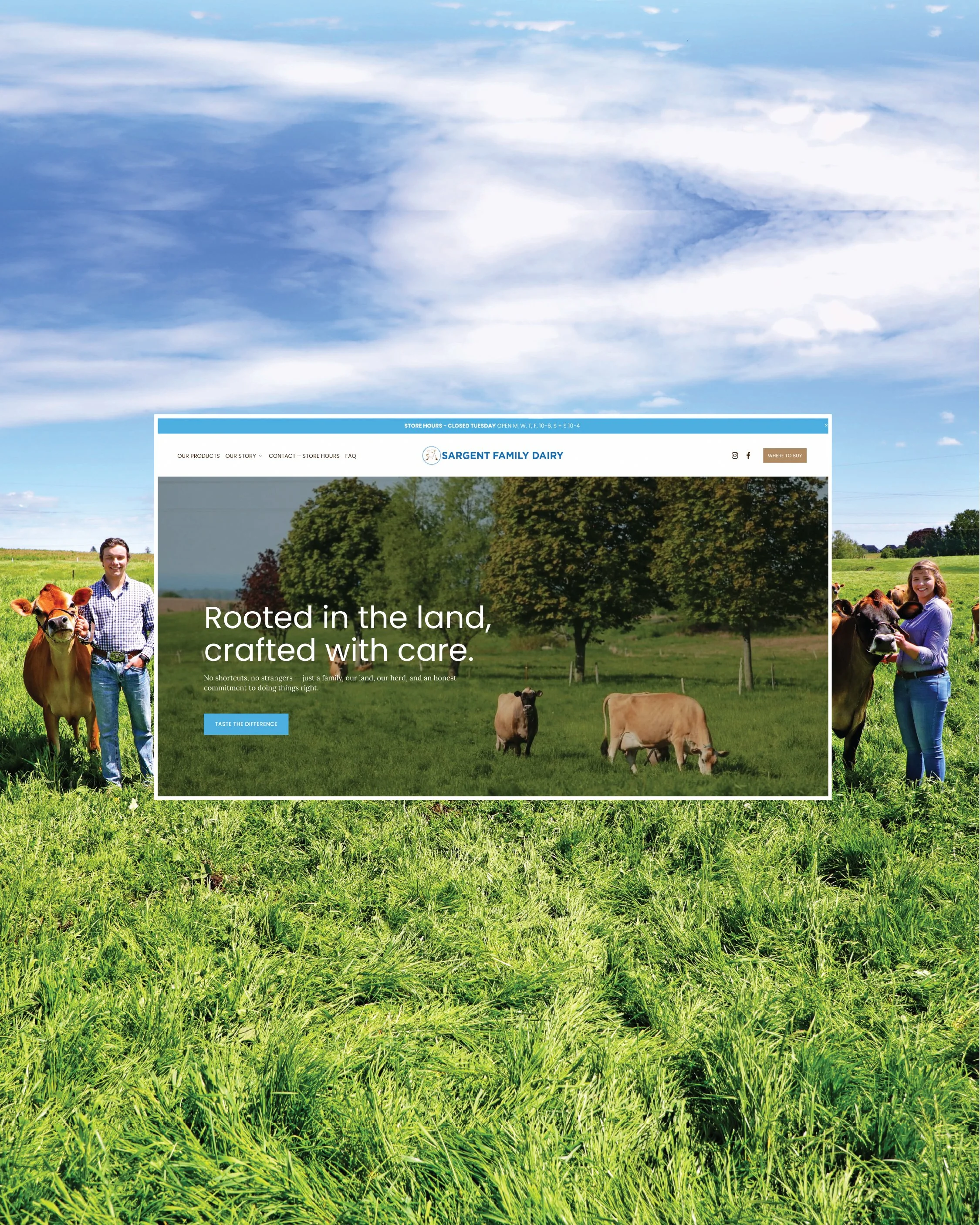 A green grassy field under a partly cloudy sky with a website overlay for Sargent Family Dairy, showing people with cows on the farm.