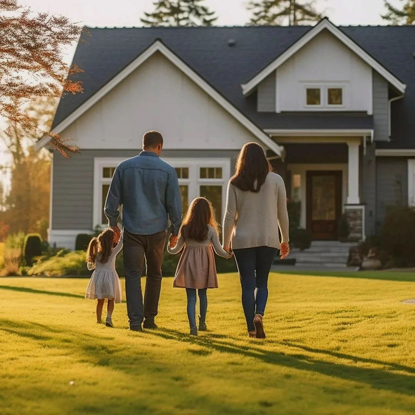A family of four, including two adults and two children, walking hand-in-hand on a well-maintained lawn in front of a large suburban house during sunset.