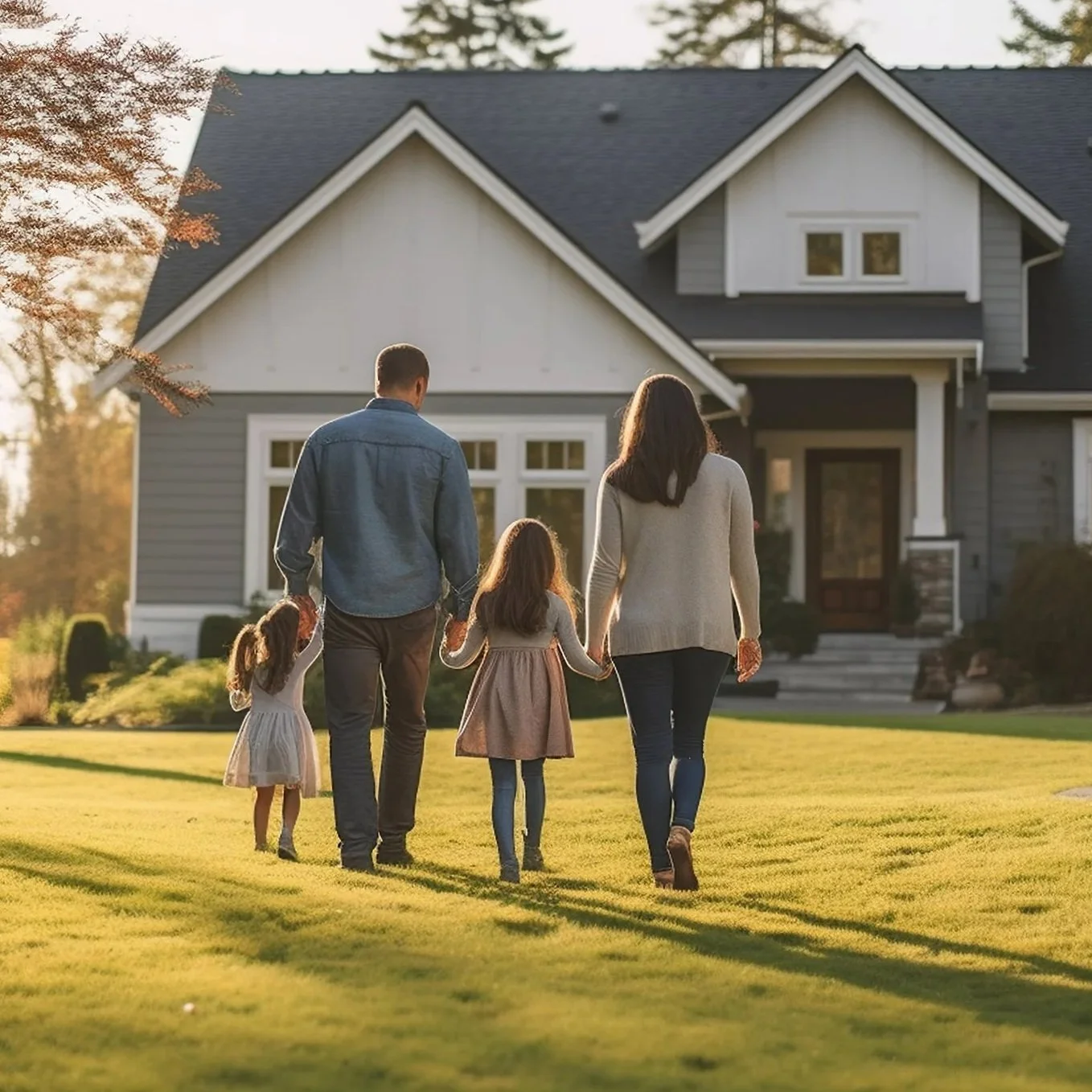 A family of four walking towards a house on a sunny day, with a man, woman, and two young girls.