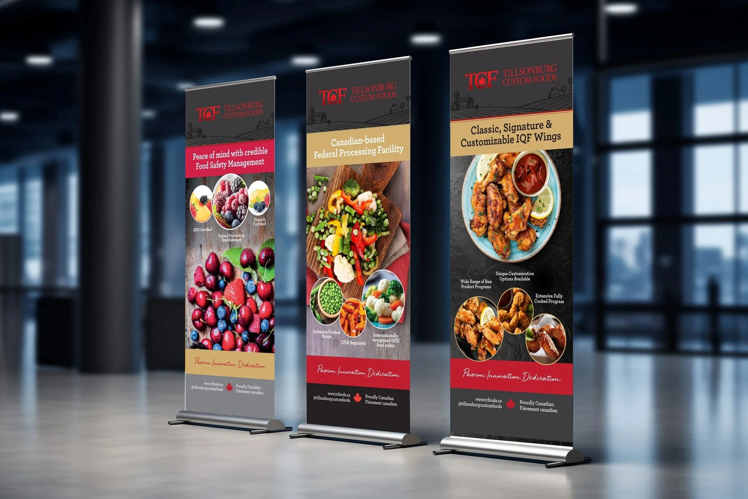 Three vertical banners advertising Tillsonburg Custom Foods with images of berries, vegetables, and chicken wings, and text highlighting food safety, processing facilities, and product options.