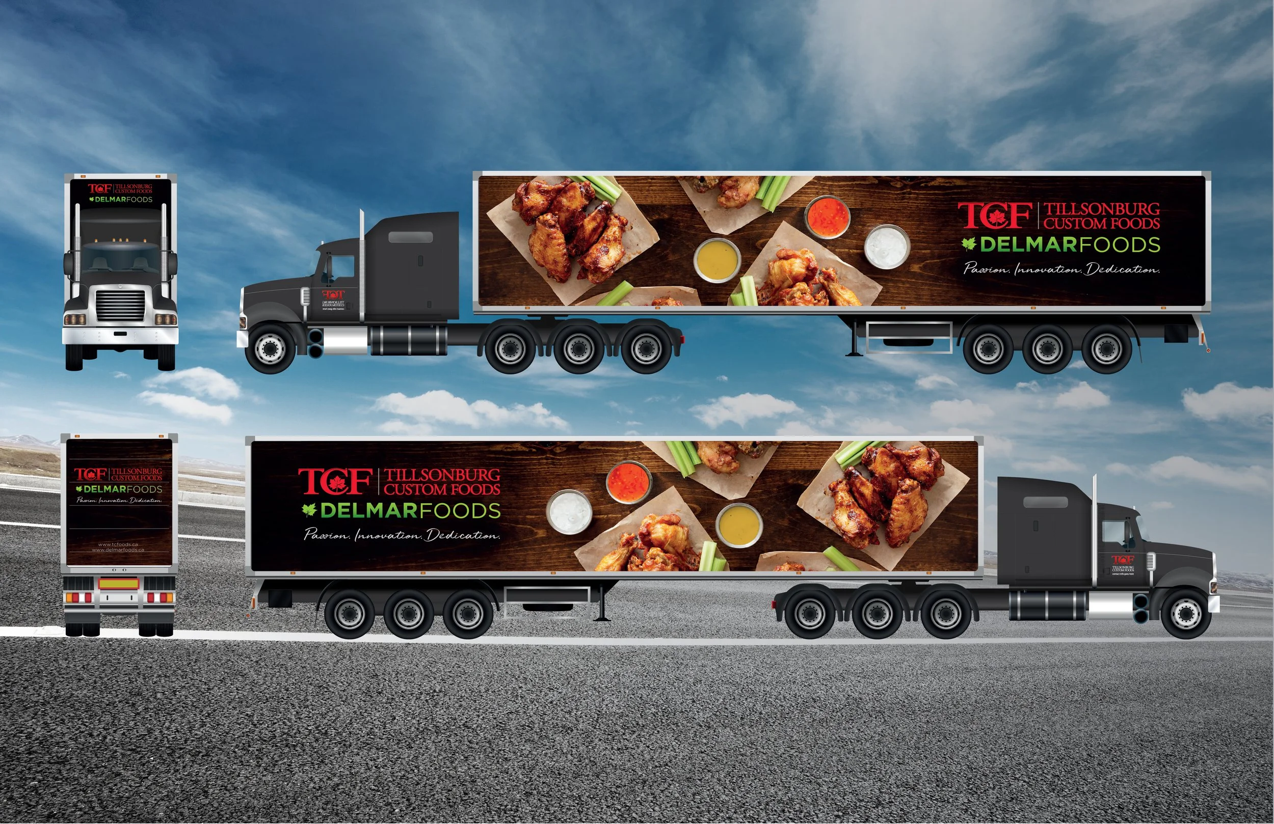 Two semi trucks on a highway with advertisements for Tillsonburg Custom Foods and Delmar Foods, featuring images of chicken wings and dipping sauces.