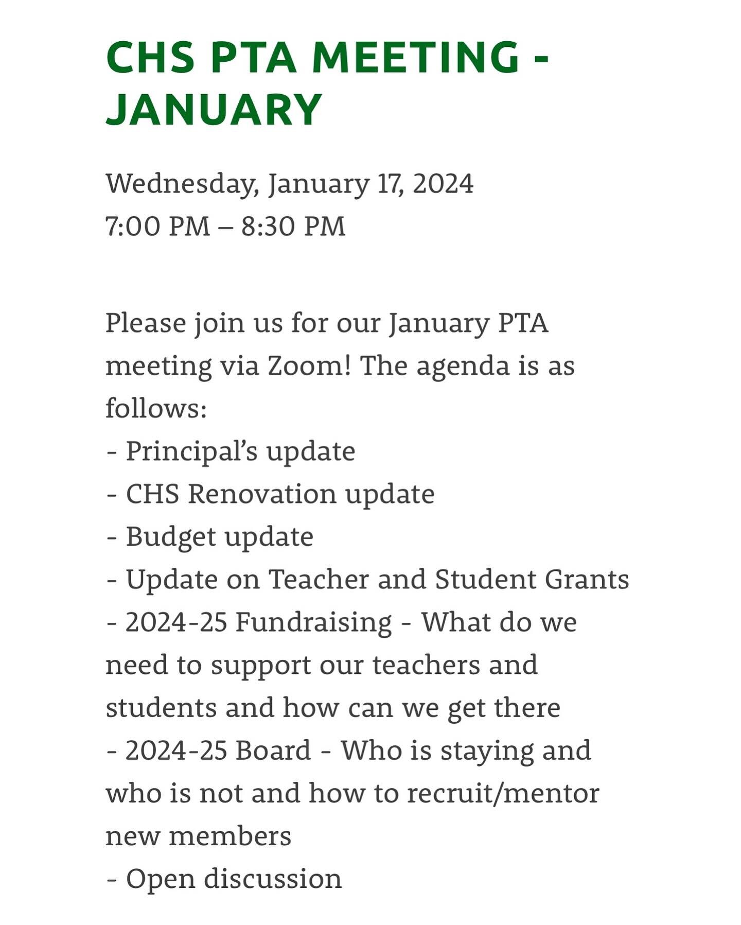 Please join us for our January PTA meeting via Zoom on Wednesday 1/17 at 7pm! The agenda is as follows:
- Principal&rsquo;s update
- CHS Renovation update
- Budget update
- Update on Teacher and Student Grants
- 2024-25 Fundraising - What do we need 