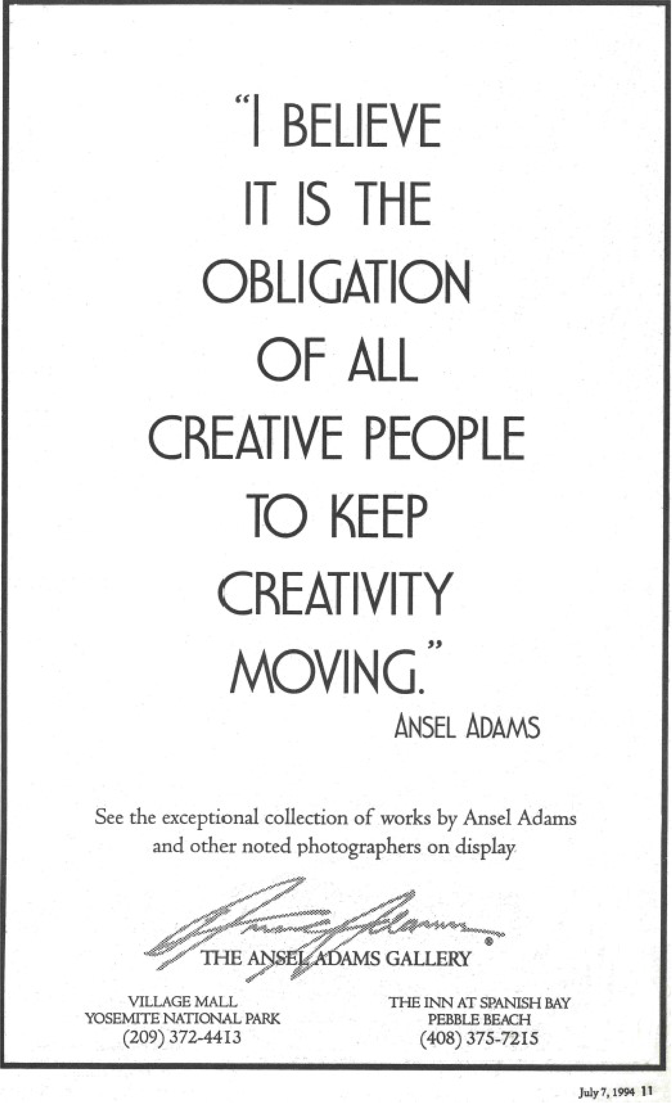 The Ansel Adams Gallery Ad, Artweek Magazine, July 7, 1994.