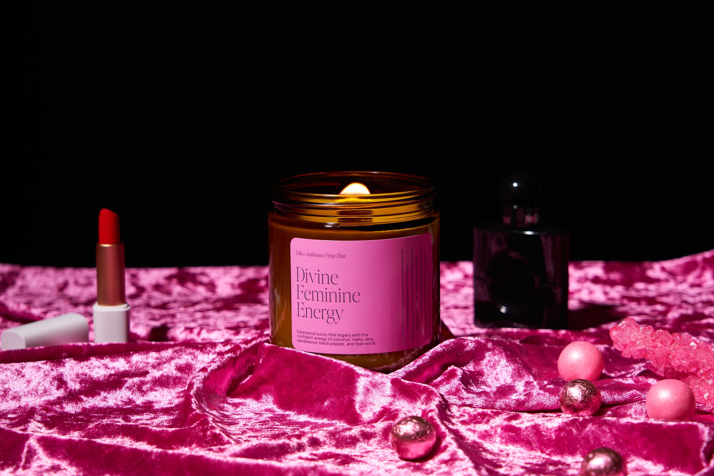 Divine Feminine Energy Candle, pink velvet background