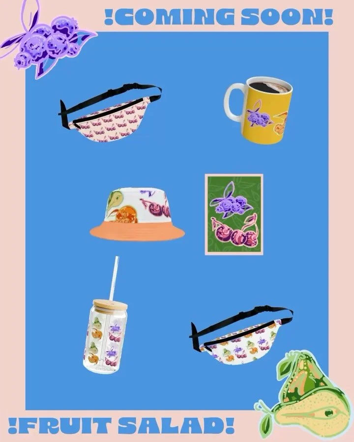COMING SOON FRUIT SALAD SERIES- So fruity, yummy yummy 🍒🍊🍐🫐 #endofsummersale use code 9F83E4C for 15% off any order over $20 from now until October 1st on www.puffeearts.com ✨  #fruit #fruitsalad #illustration #sale #storesale #art #fruity #tryin