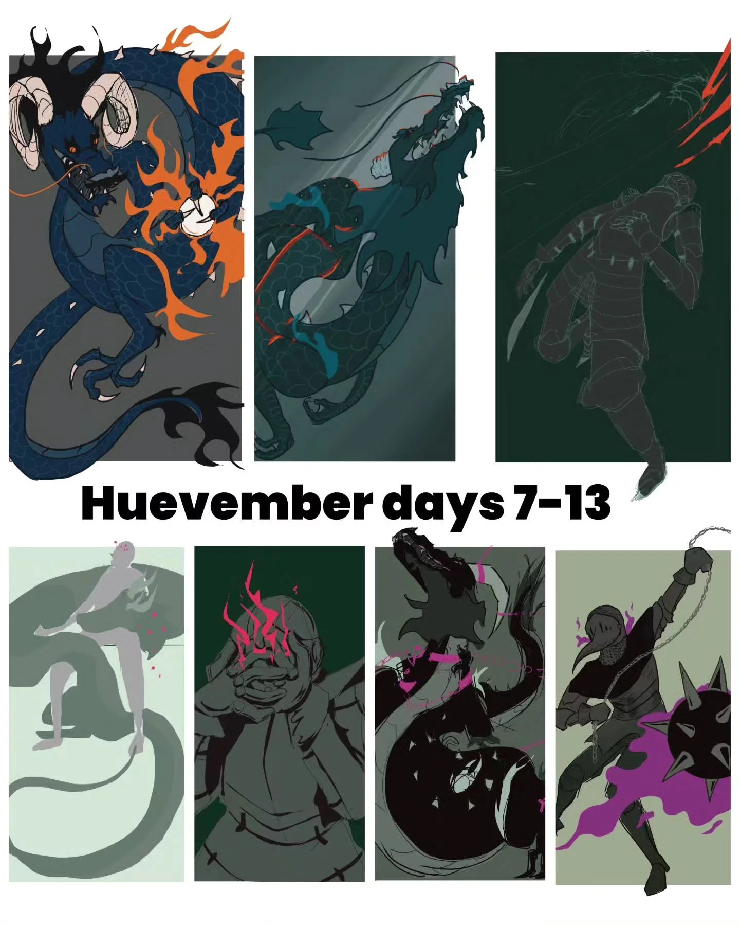 As expected I got a bit burnt out after the first seven huevember drawings 😅 BUT I adapted and am letting myself get way looser which actually made these look even more awesome. Minus the one where I couldn't do any linework, I was simply too tired 