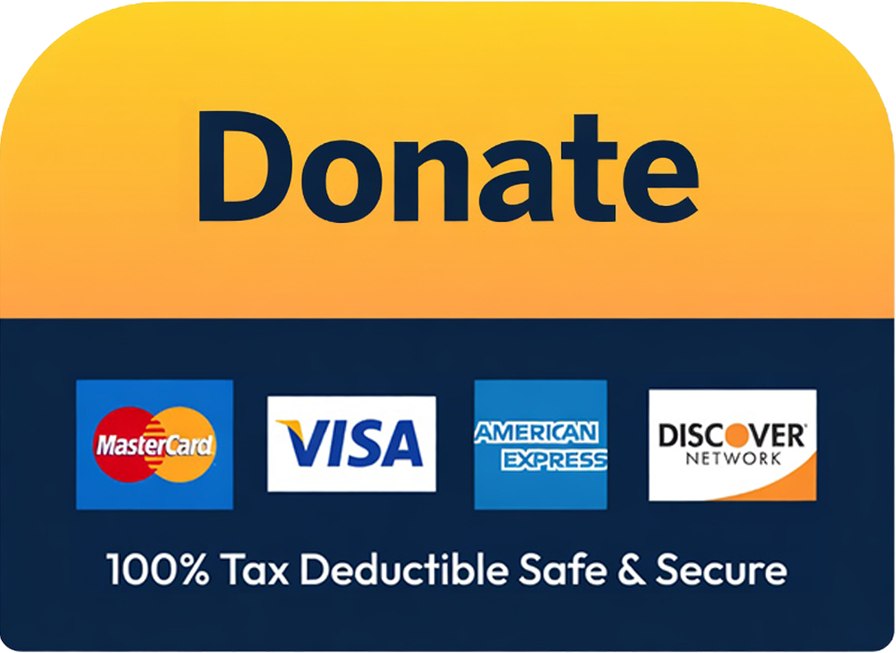 A donation button with logos of Mastercard, Visa, American Express, and Discover, indicating it accepts these credit cards, with the text '100% Tax Deductible Safe & Secure'.