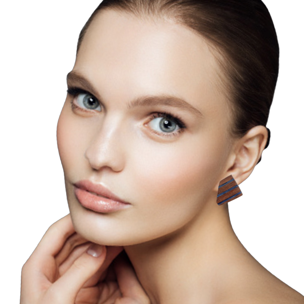 geometric stud earrings on a model