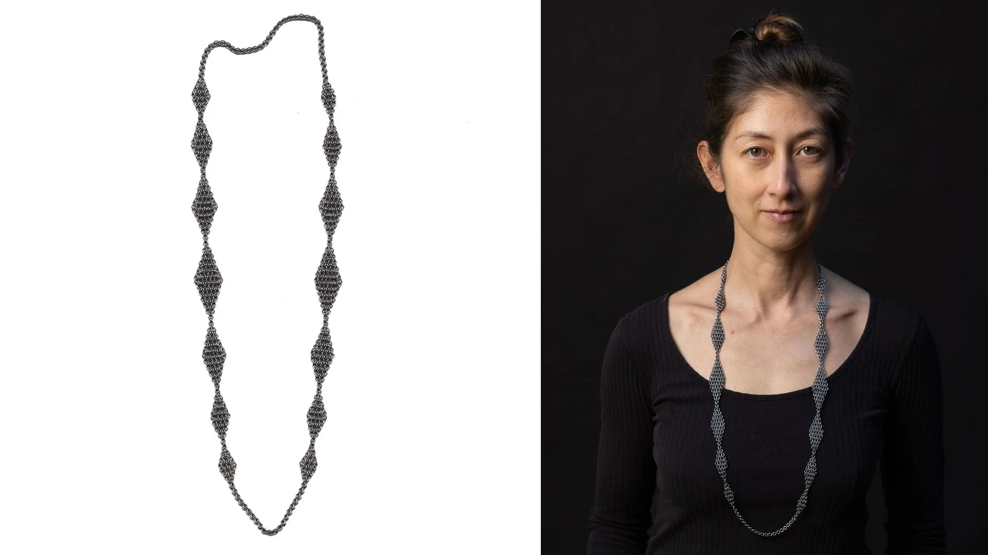 Rebekah Frank, Sunday Morning - Argyle, 2025, necklace, steel, edition of 3, model: geis.t, photo: @lydiadaniller