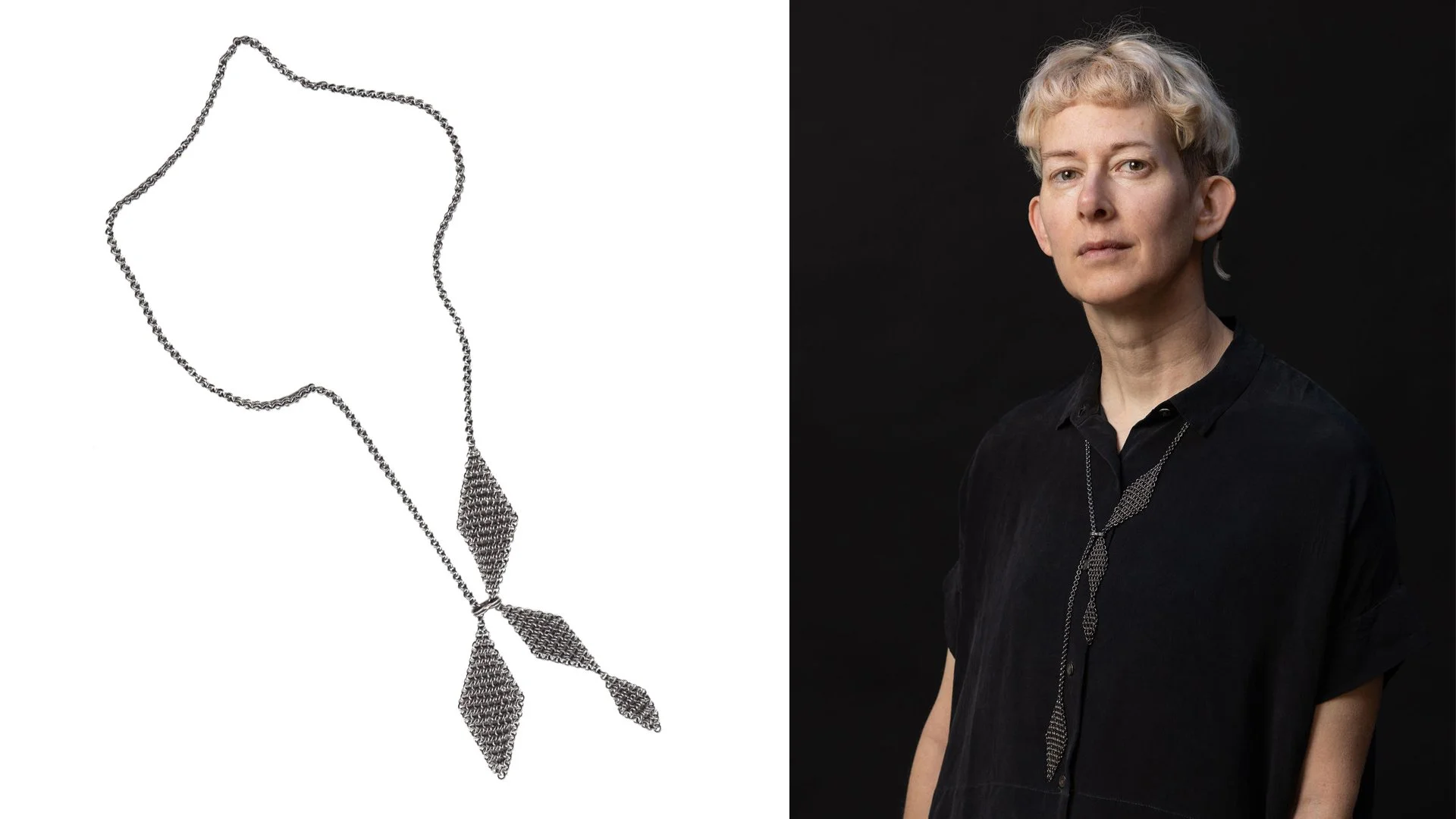 Rebekah Frank, Sunday Morning - Falling Diamonds, 2025, necklace, steel, edition of 3, model: @strangerworks, photo: @lydiadaniller