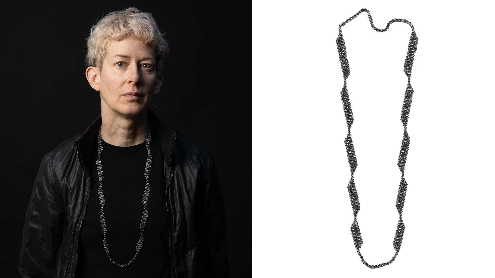 Rebekah Frank, Sunday Morning - Stair Steps, 2025, necklace, steel, edition of 3, model: @strangerworks, photo: @lydiadaniller