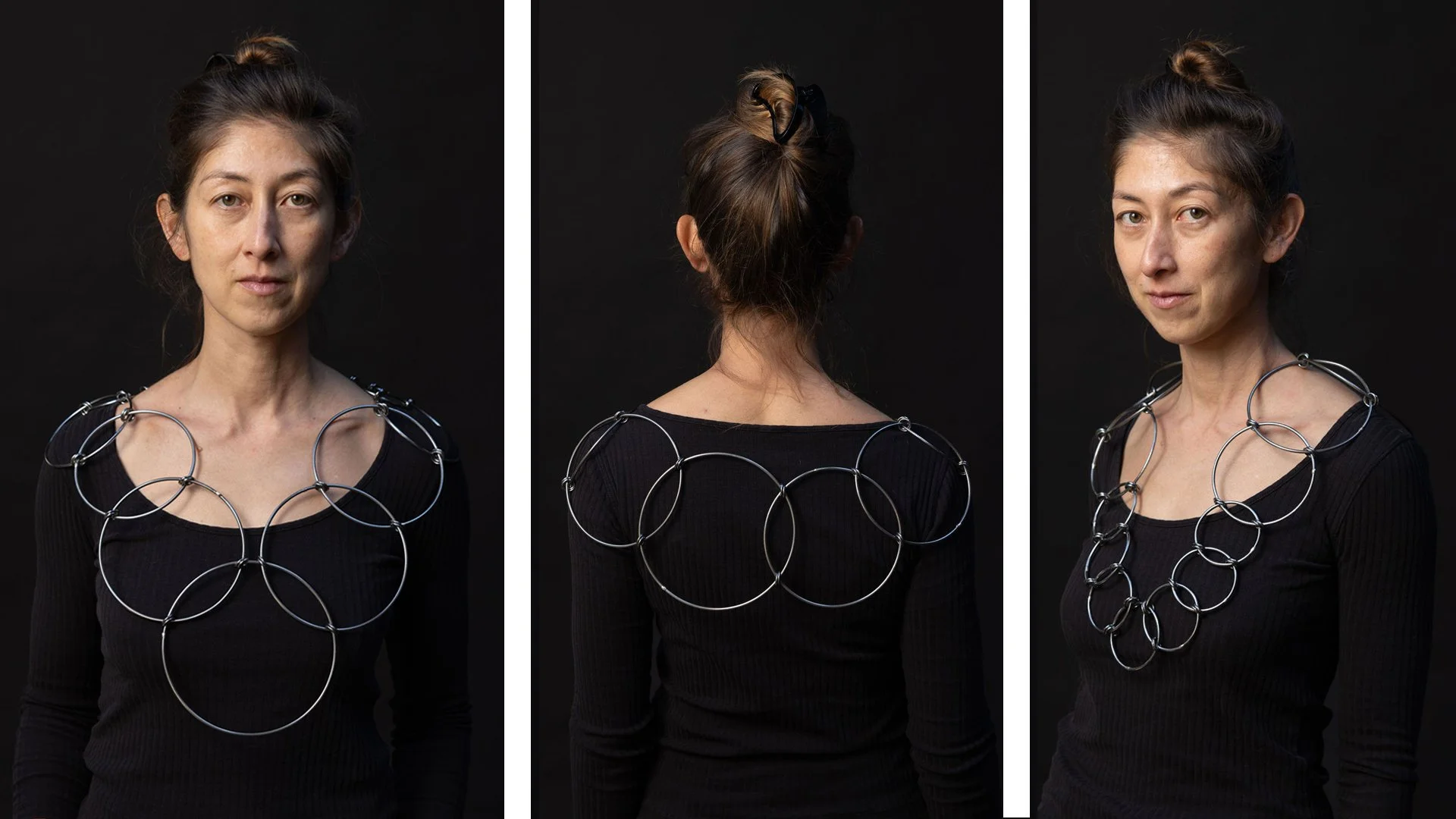 Rebekah Frank, Eccentric Circles, Disordered, 2022, necklace, steel, edition of 1, model: @geis.t, photo: @lydiadaniller; permanent collection of Museum of Fine Arts, Houston