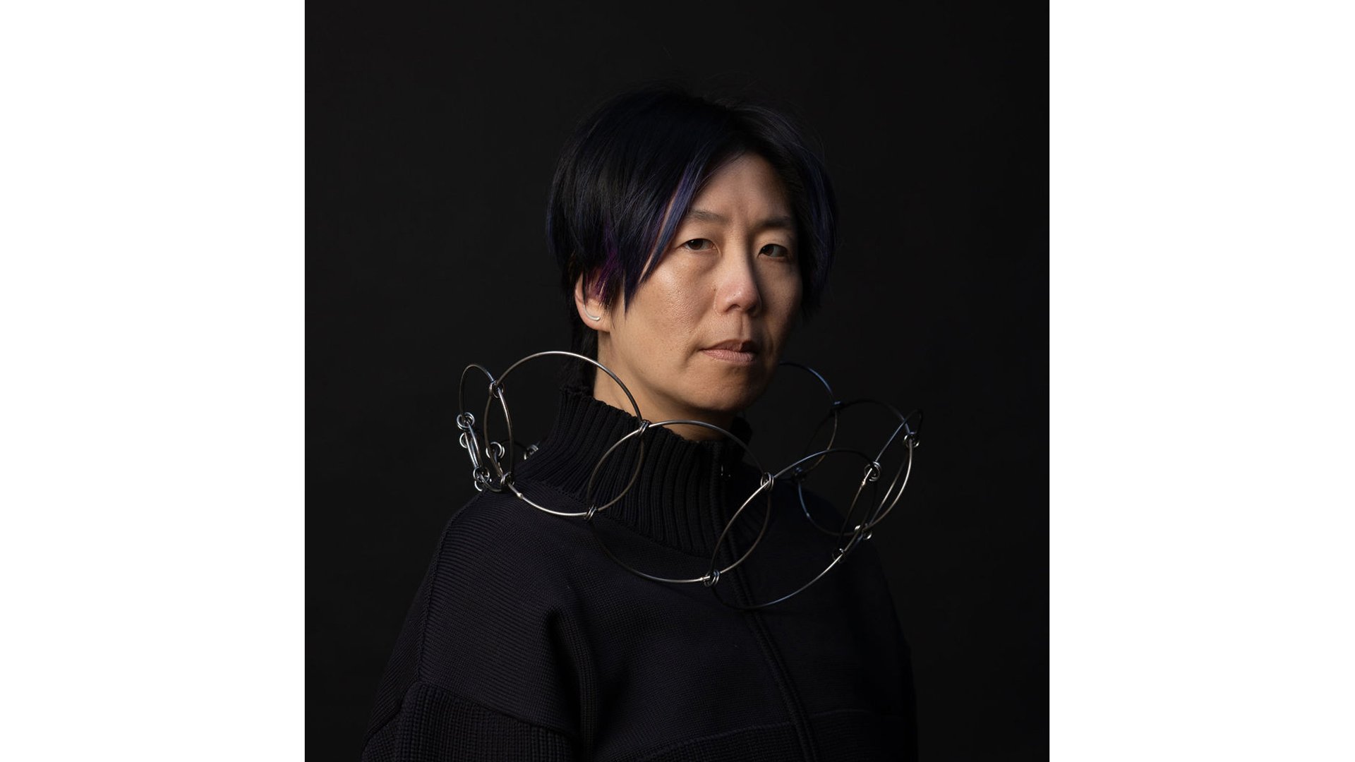 Rebekah Frank, Eccentric Circles, Disordered, 2022, necklace, steel, edition of 1, model: @audomatic, photo: @lydiadaniller; permanent collection of Museum of Fine Arts, Houston