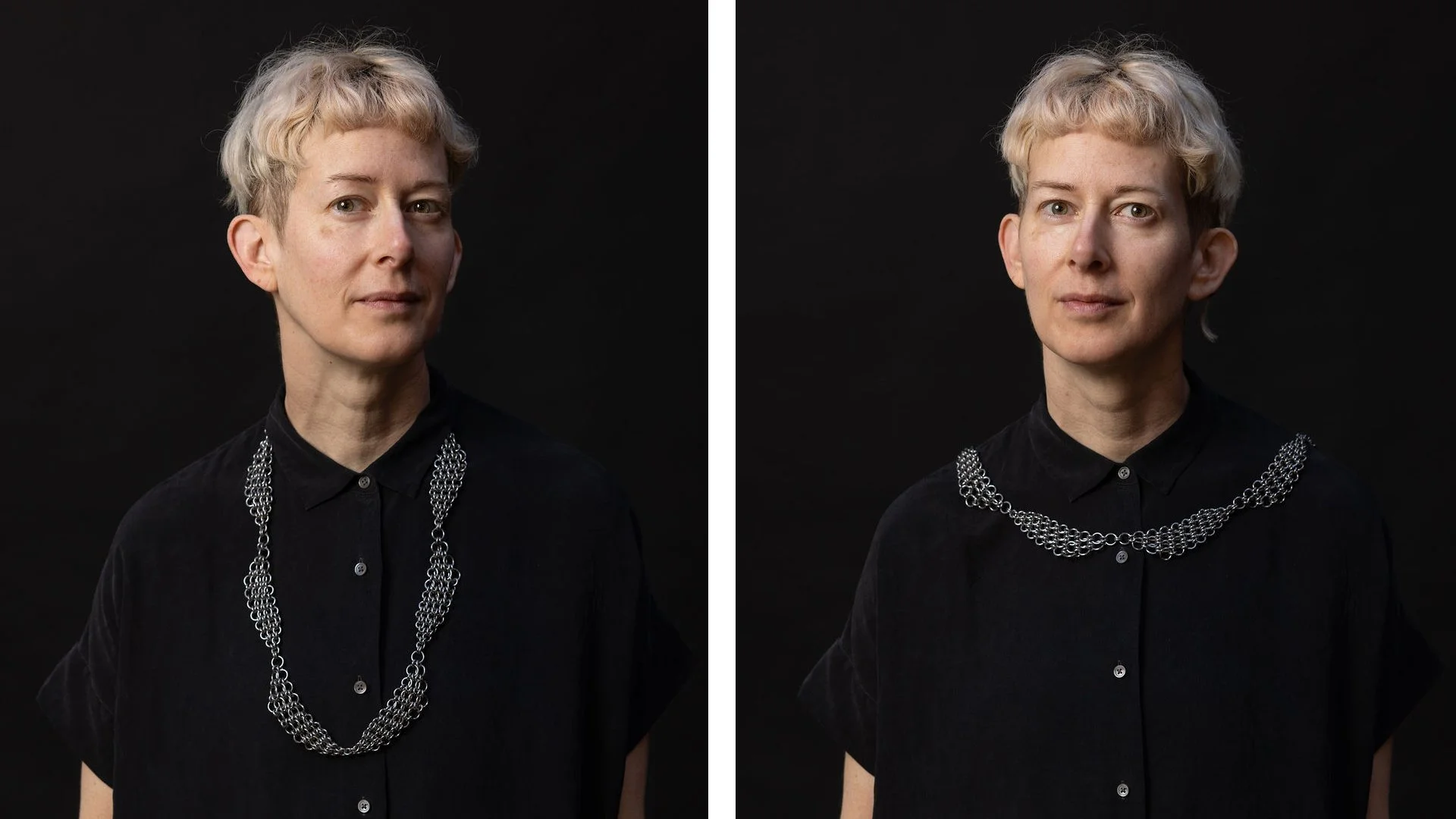 Rebekah Frank, Sunday Morning - Butterfly Wings, 2025, necklace, steel, edition of 3, model: @strangerworks, photo: @lydiadaniller