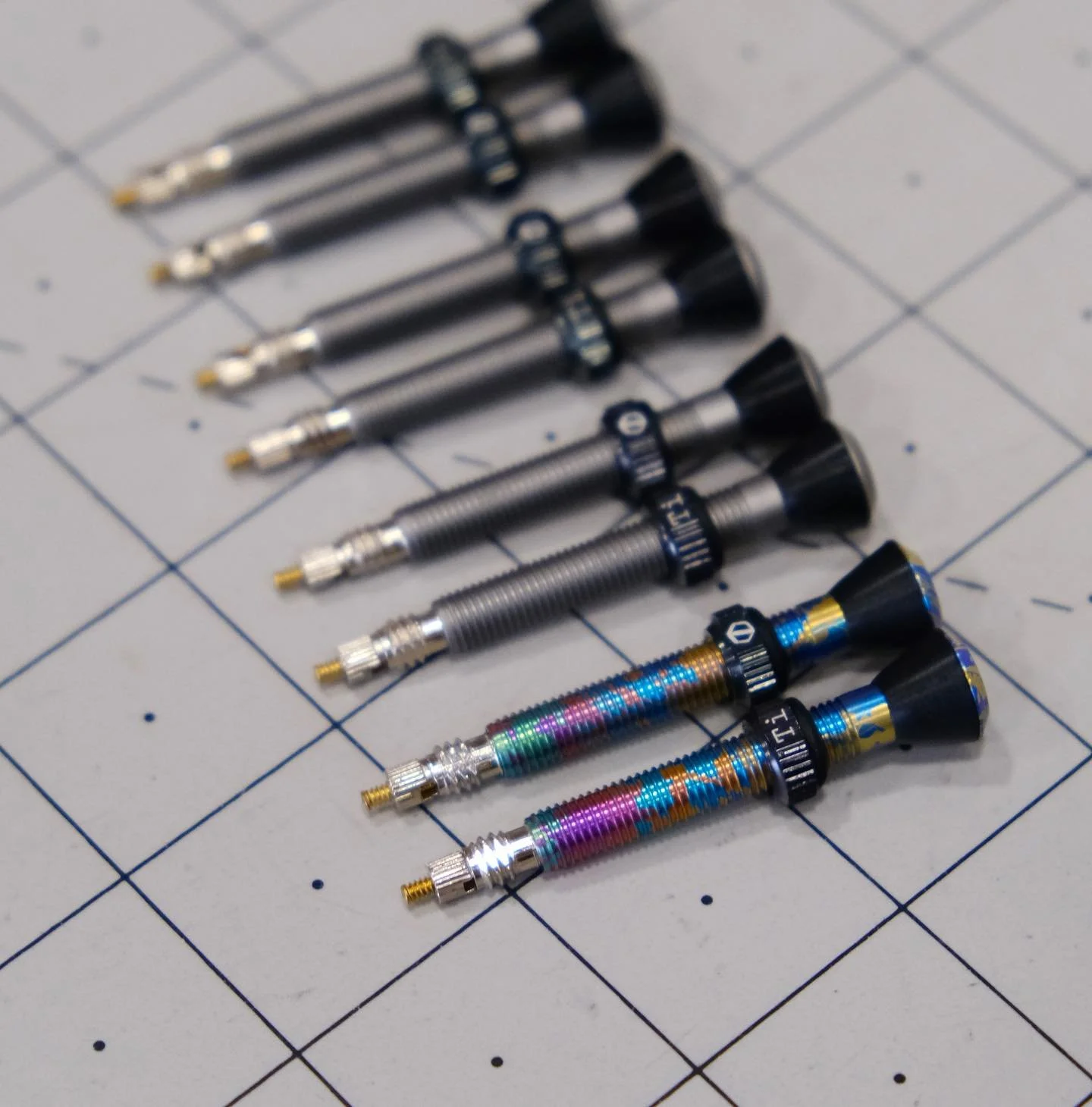 Since they&rsquo;re out of production, I&rsquo;m getting down to my last handful of Terske titanium valve stems - I&rsquo;m only offering the four most popular colorways until they run out. Restocking this week, finished these in satin grey and splat