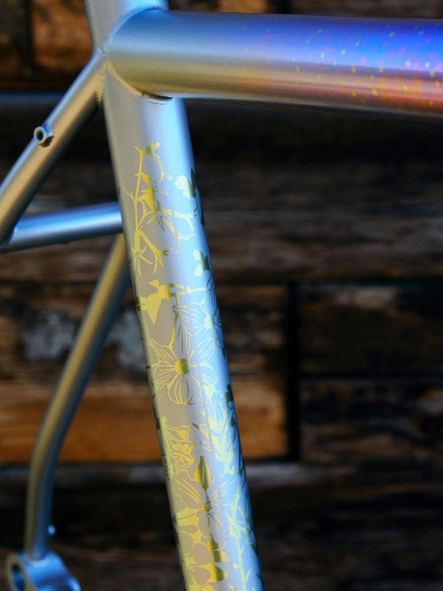Tom&rsquo;s &ldquo;Klah Klahnee&rdquo; Liminal, with a bespoke panel of alpine wildflower illustrations anodized in gold on the seat tube 🌸🌺🌼🌘
.
.
.
#titaniumanodizing #liminalmachineworks #custombicycle #noboringbikes #madeinusa #cycling #roadbi