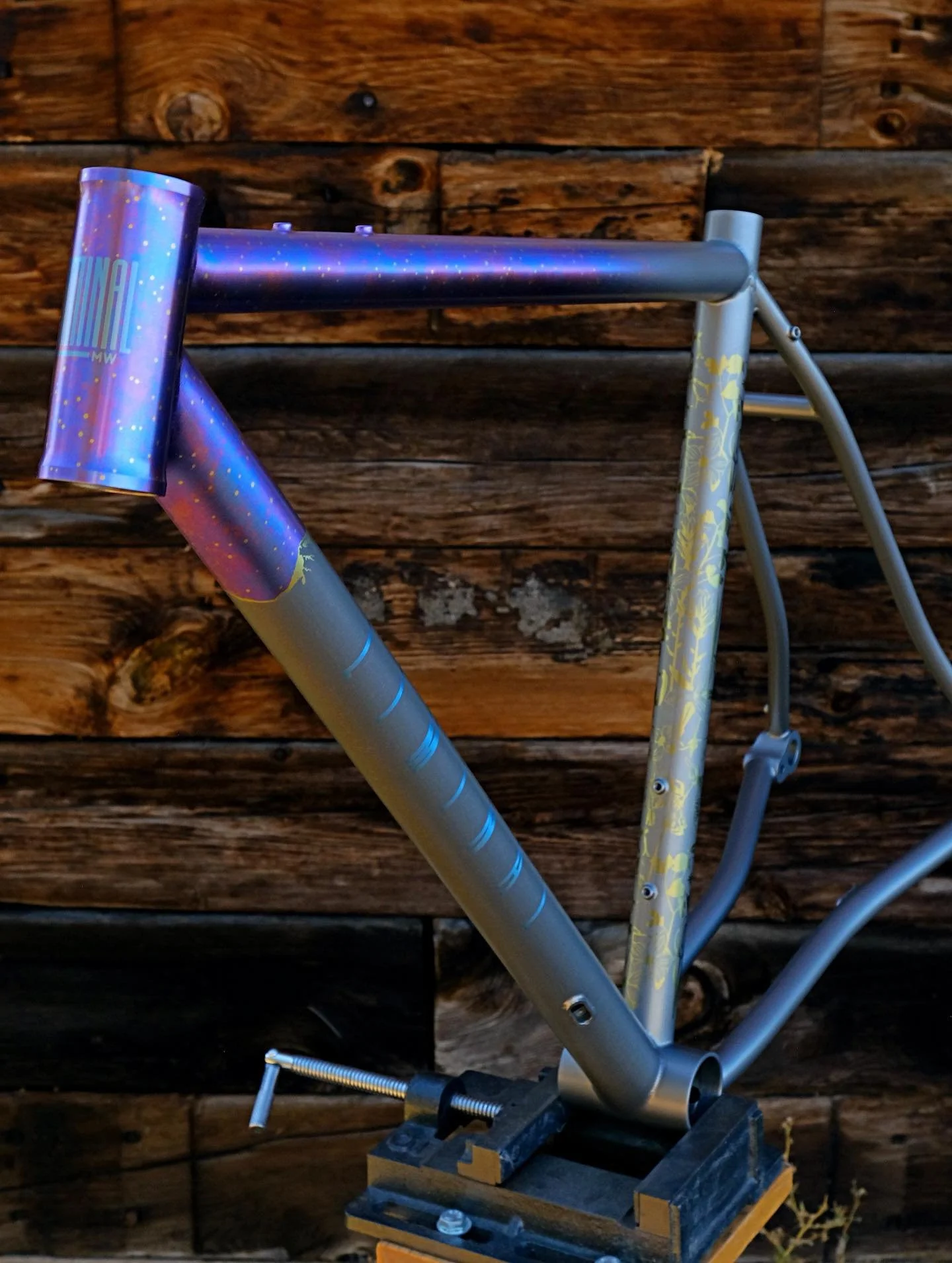 Tom&rsquo;s new Liminal. This finish is so special, I love how it came together. Tom requested a starry night scheme with a crescent moon over mountains, we based the illustration on Oregon&rsquo;s Three Sisters. The seat tube received a panel of han