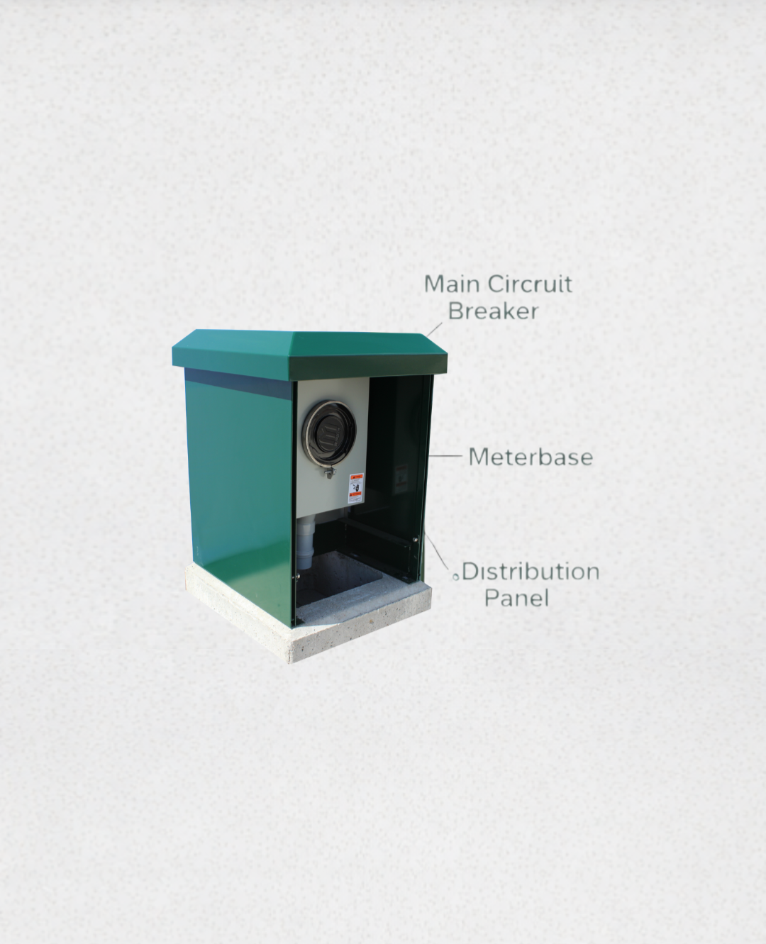 Standard outdoor electrical power pedestal with closed aluminum enclosure and concrete base, used as an example for selecting a standard unit in the Part Number Builder.