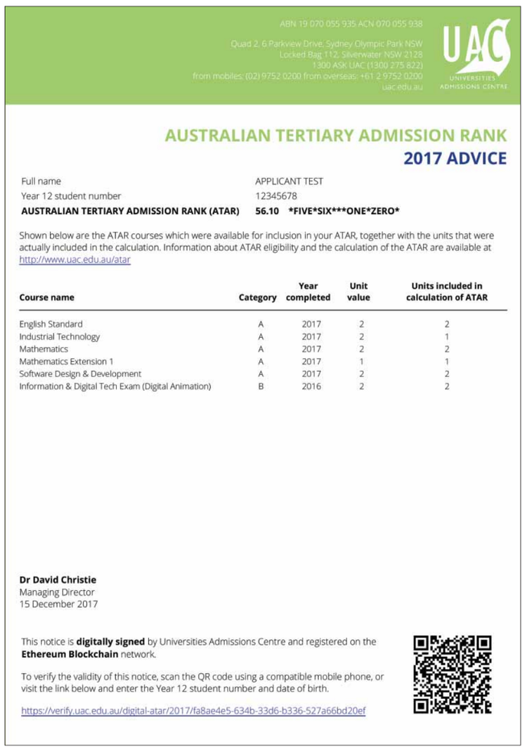 Example ATAR report from UAC for a fictional student