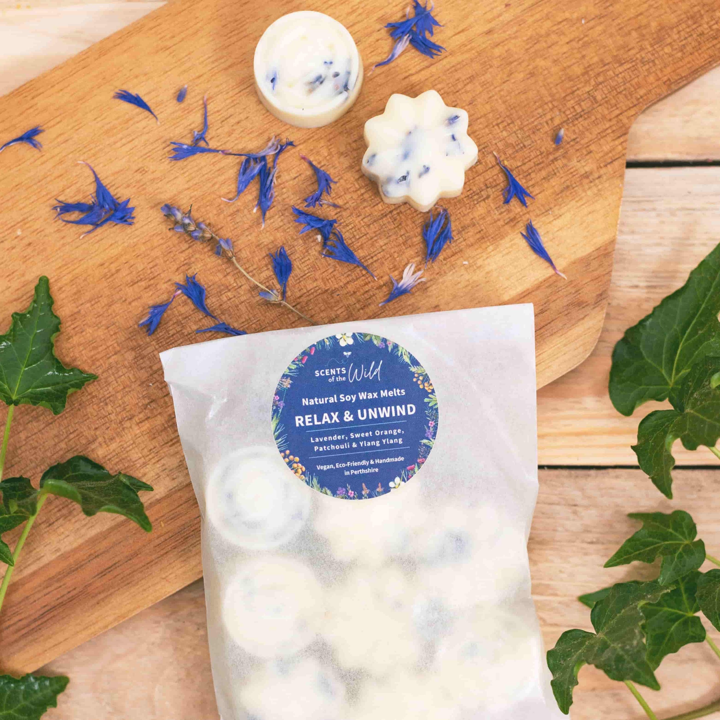 Packet of Relax and Unwind botanical wax melts and sried botanicals.jpg