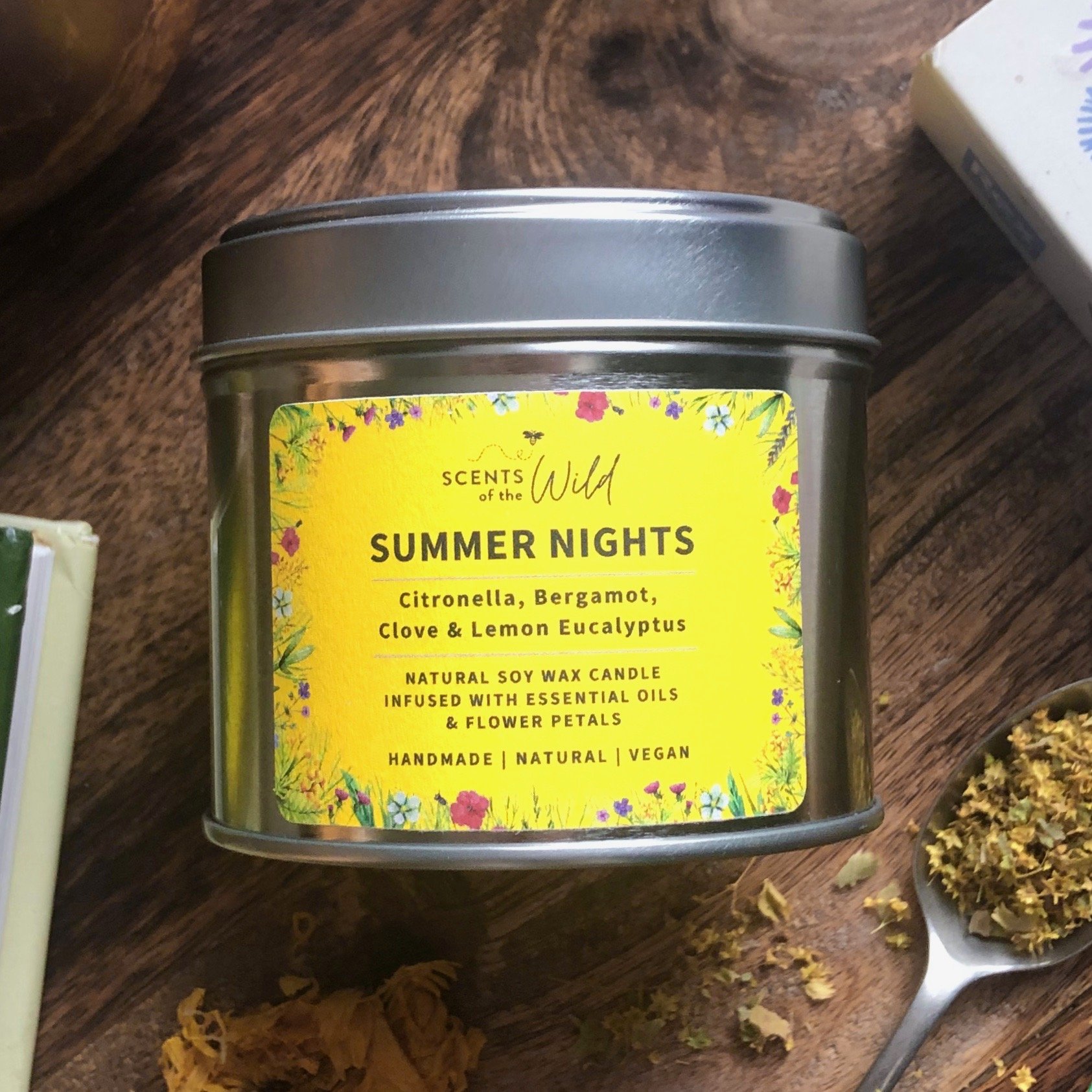 Summer Nights candle tin yellow label flat lay.jpg