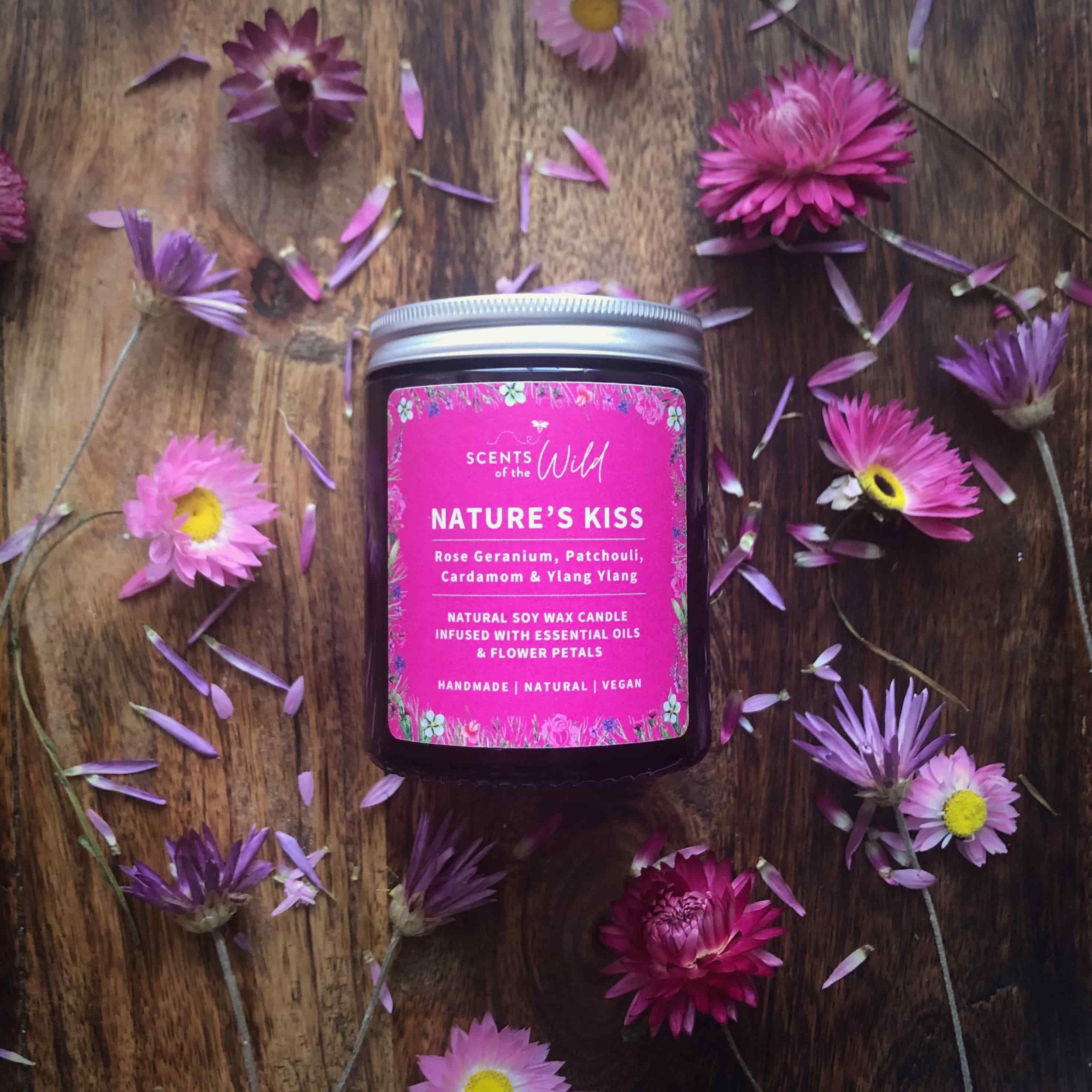 Nature's Kiss romantic botanical soy wax candle jar pink label.jpg