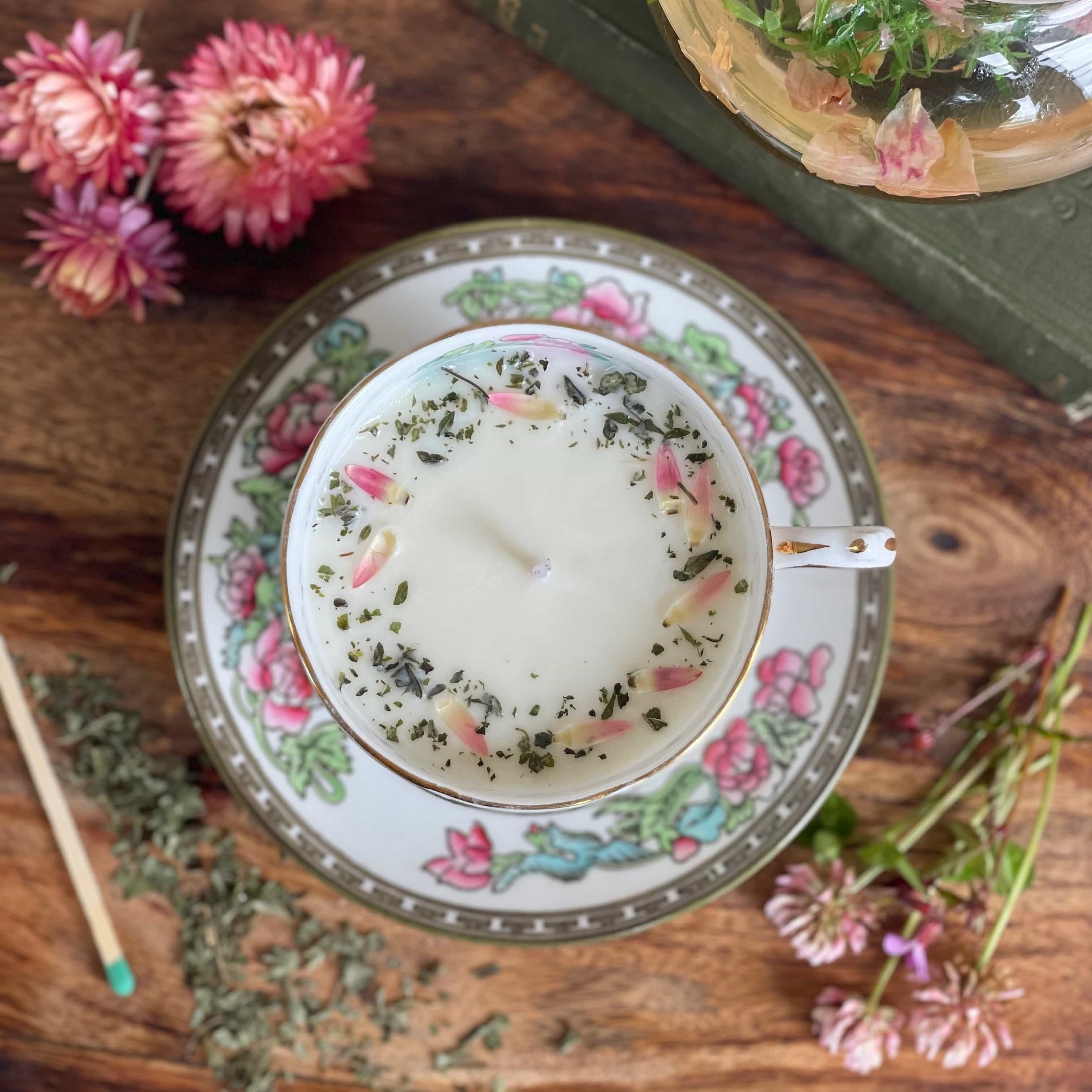 Botanical decorated vintage china teacup candle birds eye view.jpg