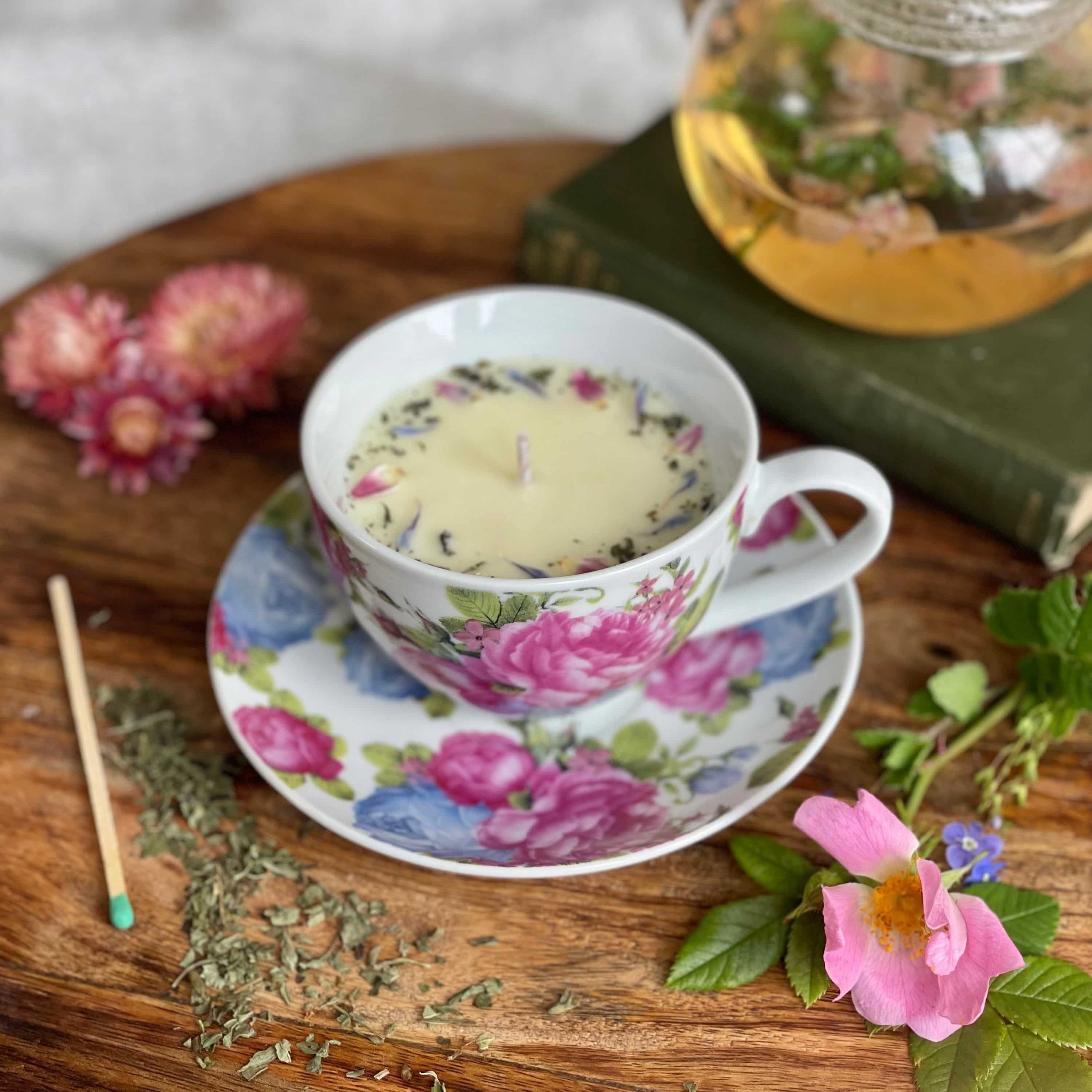 Pink and blue roses vintage china teacup candle with saucer and botanicals.jpg