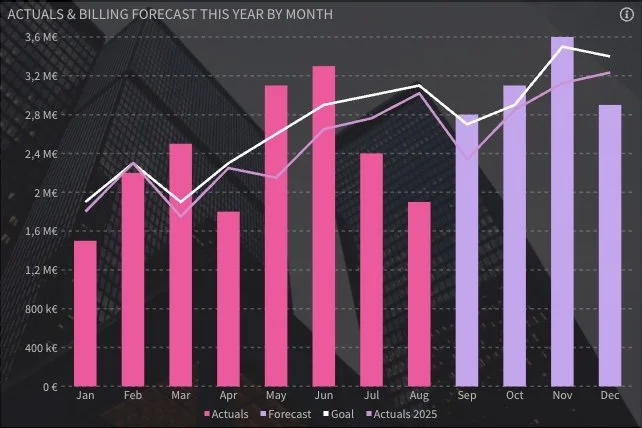Business Performance Management chart showing actual revenue, forecast, targets and previous year's performance by month.