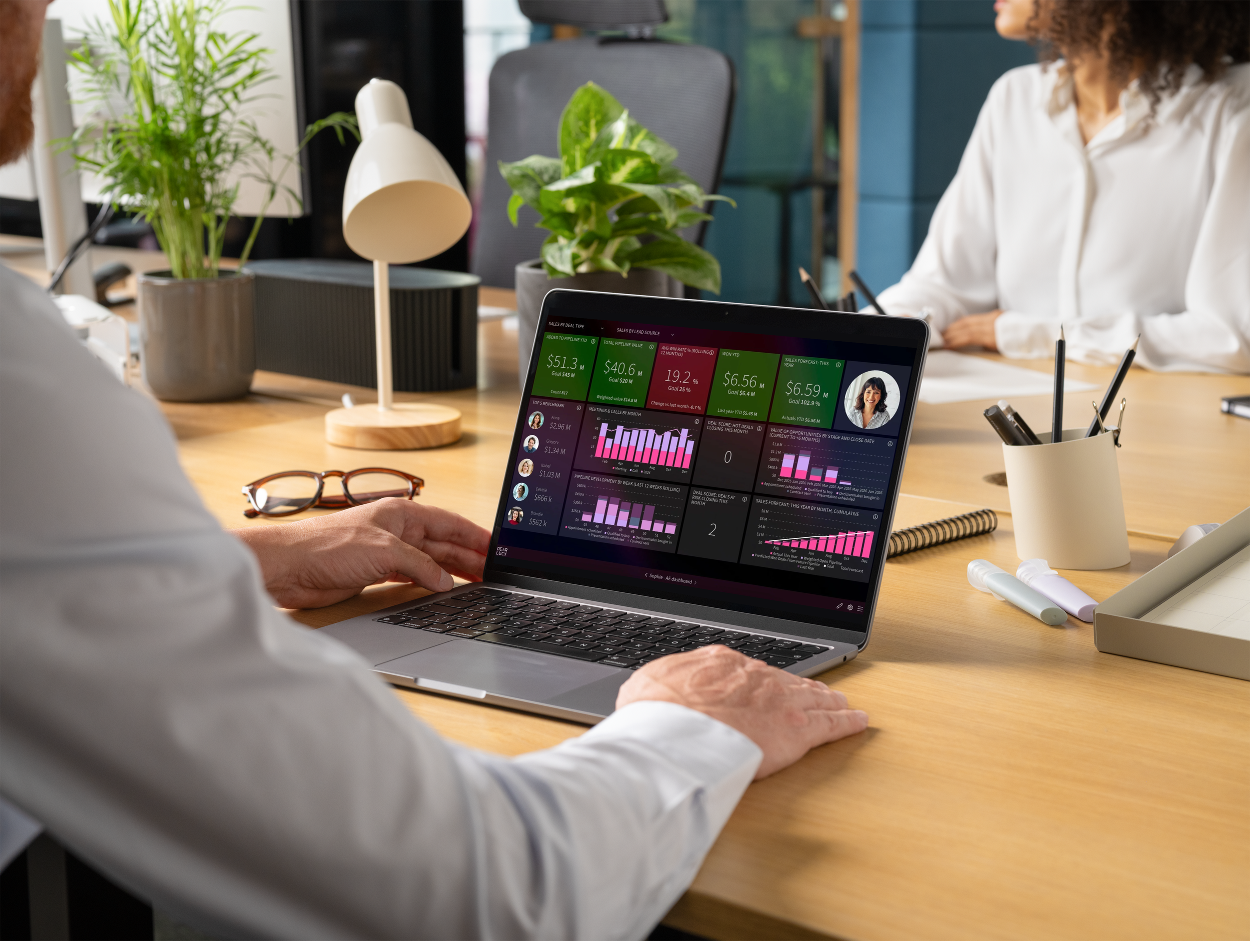 Manager reviewing individual sales performance dashboard during a one-to-one meeting.