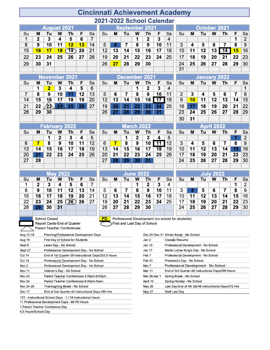 Nku 2022 Calendar 2021-2022 School Calendar — Cincinnati Achievement Academy