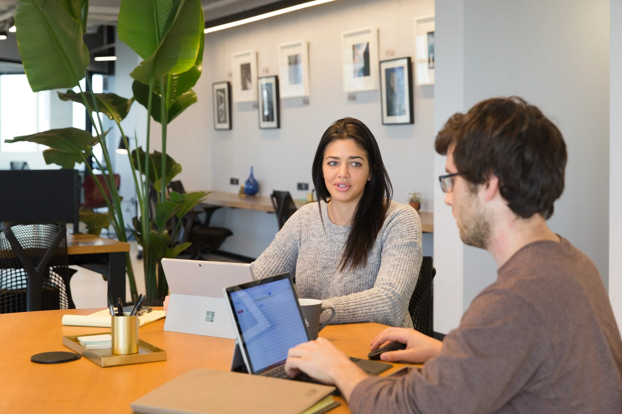 Two colleagues talking across a table with laptops