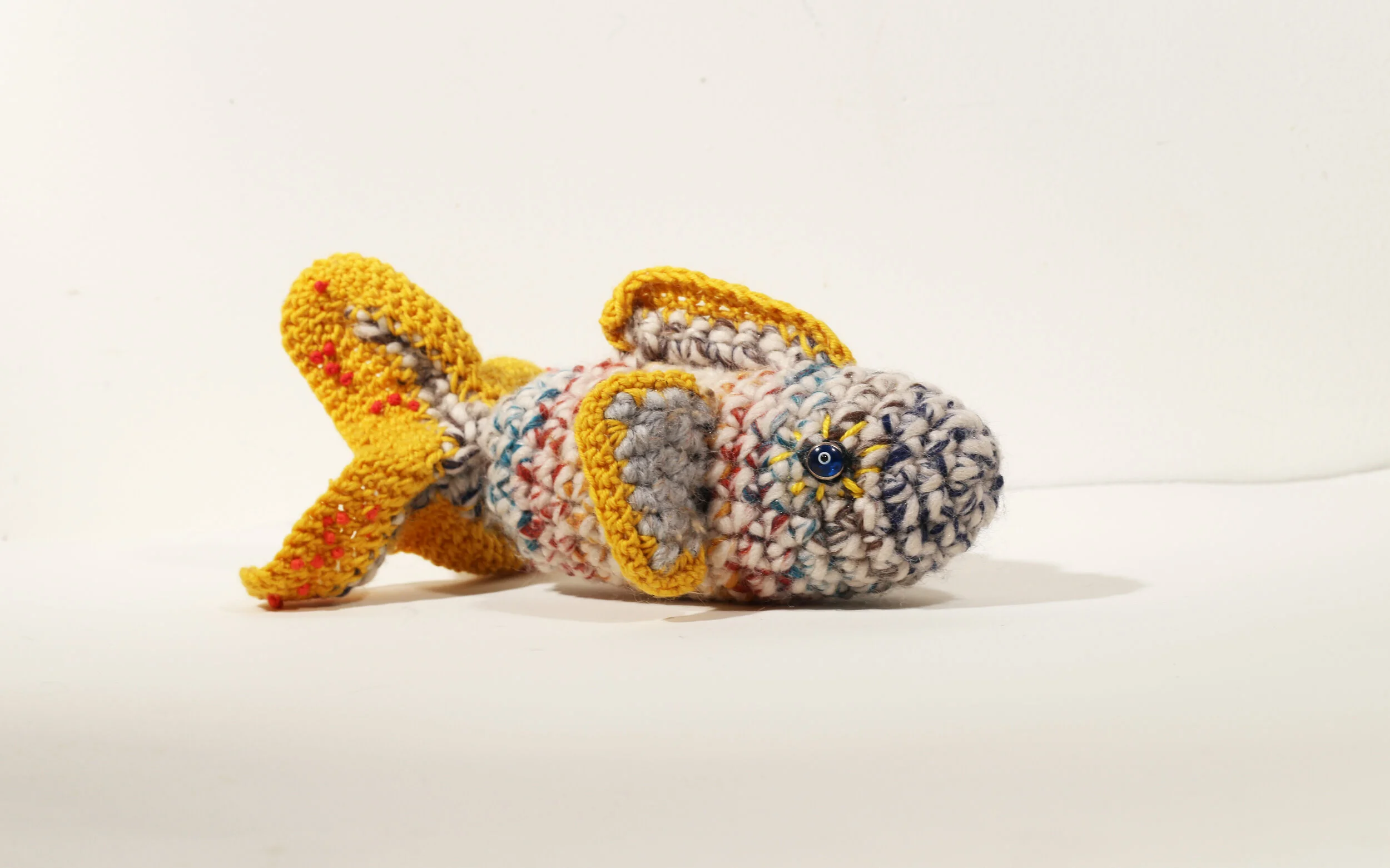 Rainbow Koi Fish, 2021, Crochet Wool, Cotton Thread & Embroidery Floss, Polyfil, Glass Beads