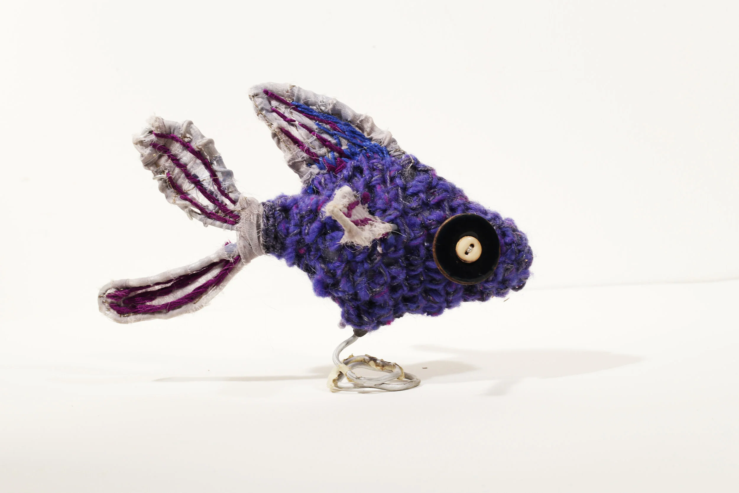 Blue Fish, 2015, Aluminum Armature Wire, Epoxy Putty, Crochet Wool, Embroidery Floss, Buttons, Polyfil