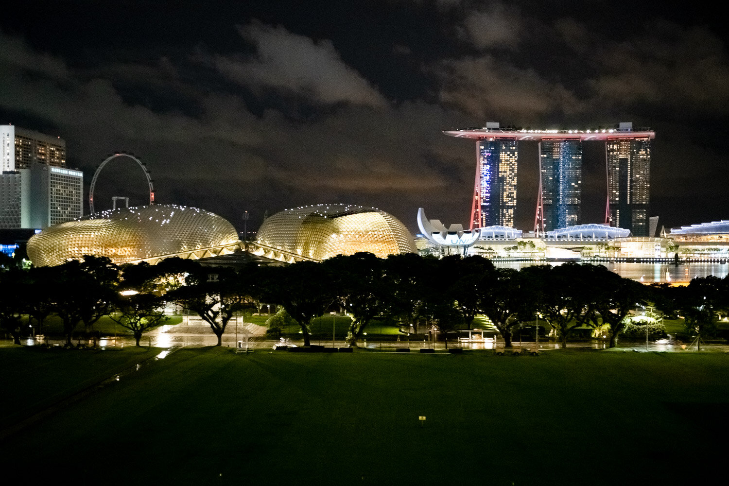 Singapurs Skyline: Das Mandarin Oriental (mit dem Herz), der Singapore Flyer (Riesenrad), die Oper (Gold), das ArtScience Museum (Lotusblume), das Marina Bay Sands und der Singapore River.