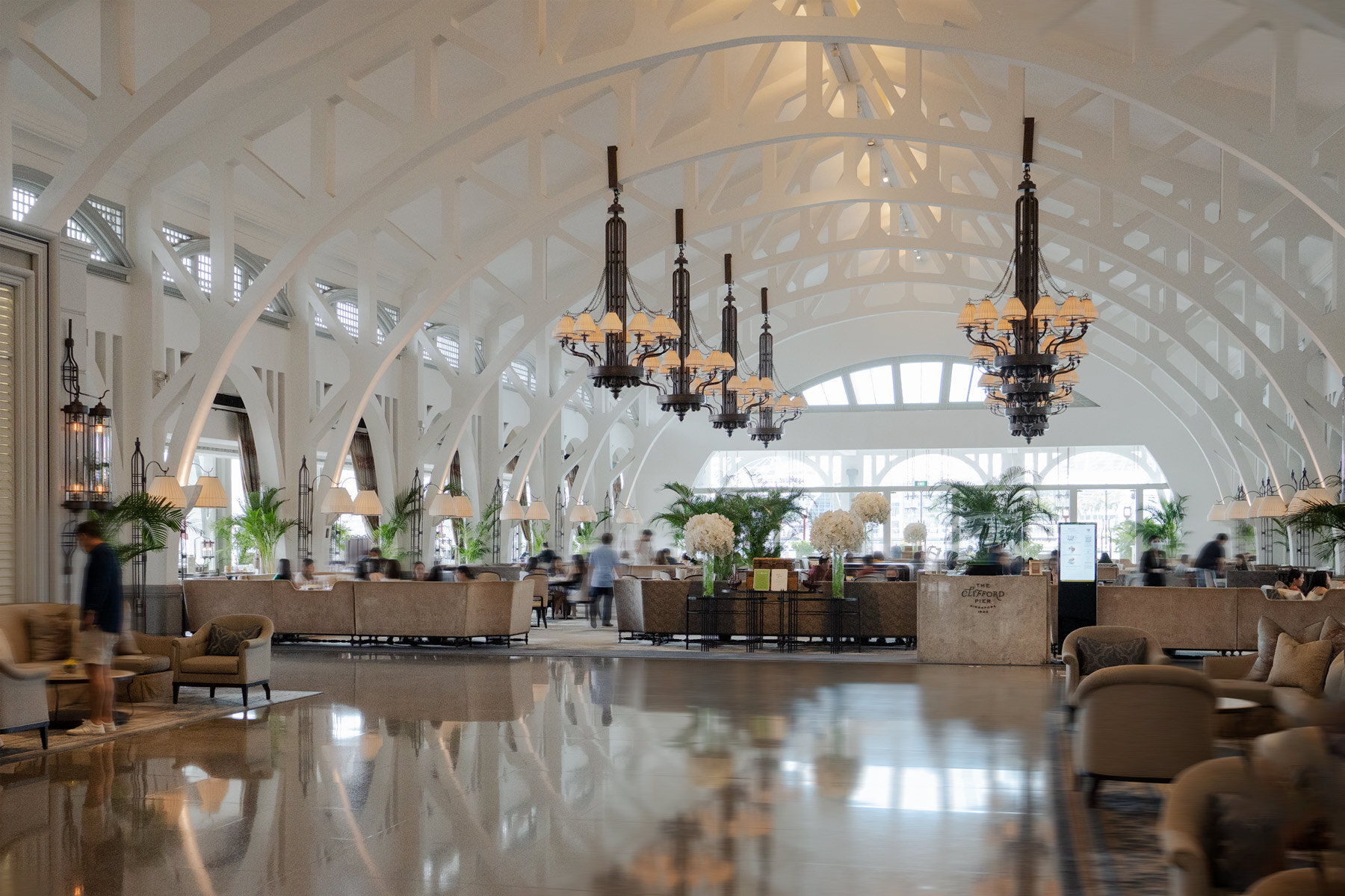 The impressive lobby of the Fullerton Bay Hotel.