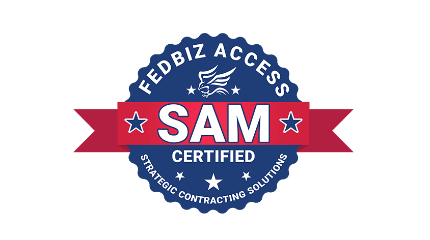 SAM Certified badge with a blue and red design, featuring a lion emblem at the top and stars, indicating FedBiz Access strategic contracting solutions.