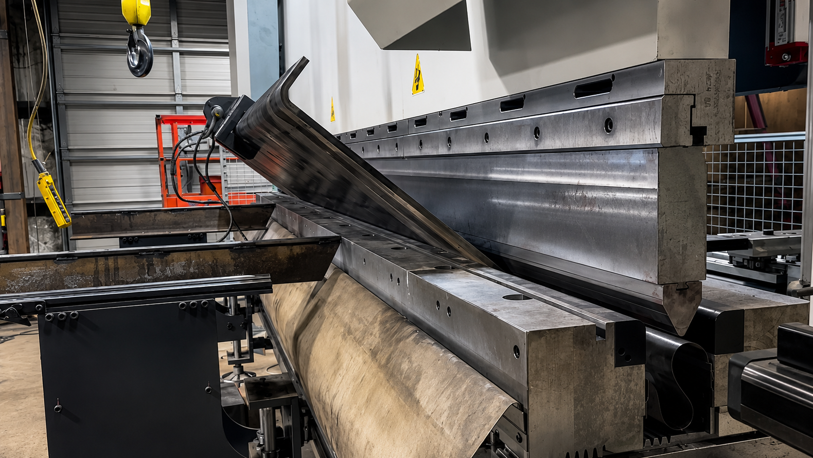 Industrial manufacturing machine with metal components and a large roller in a factory setting.