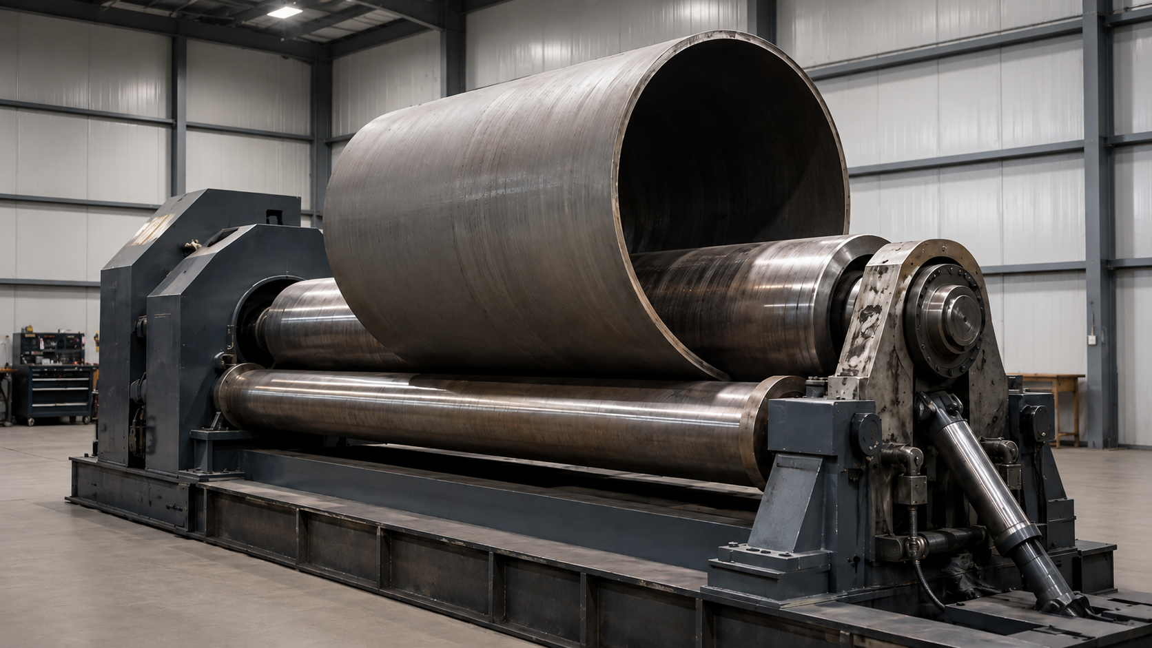 Large industrial machine with rotating rollers for forming steel plate inside a warehouse with metal walls.